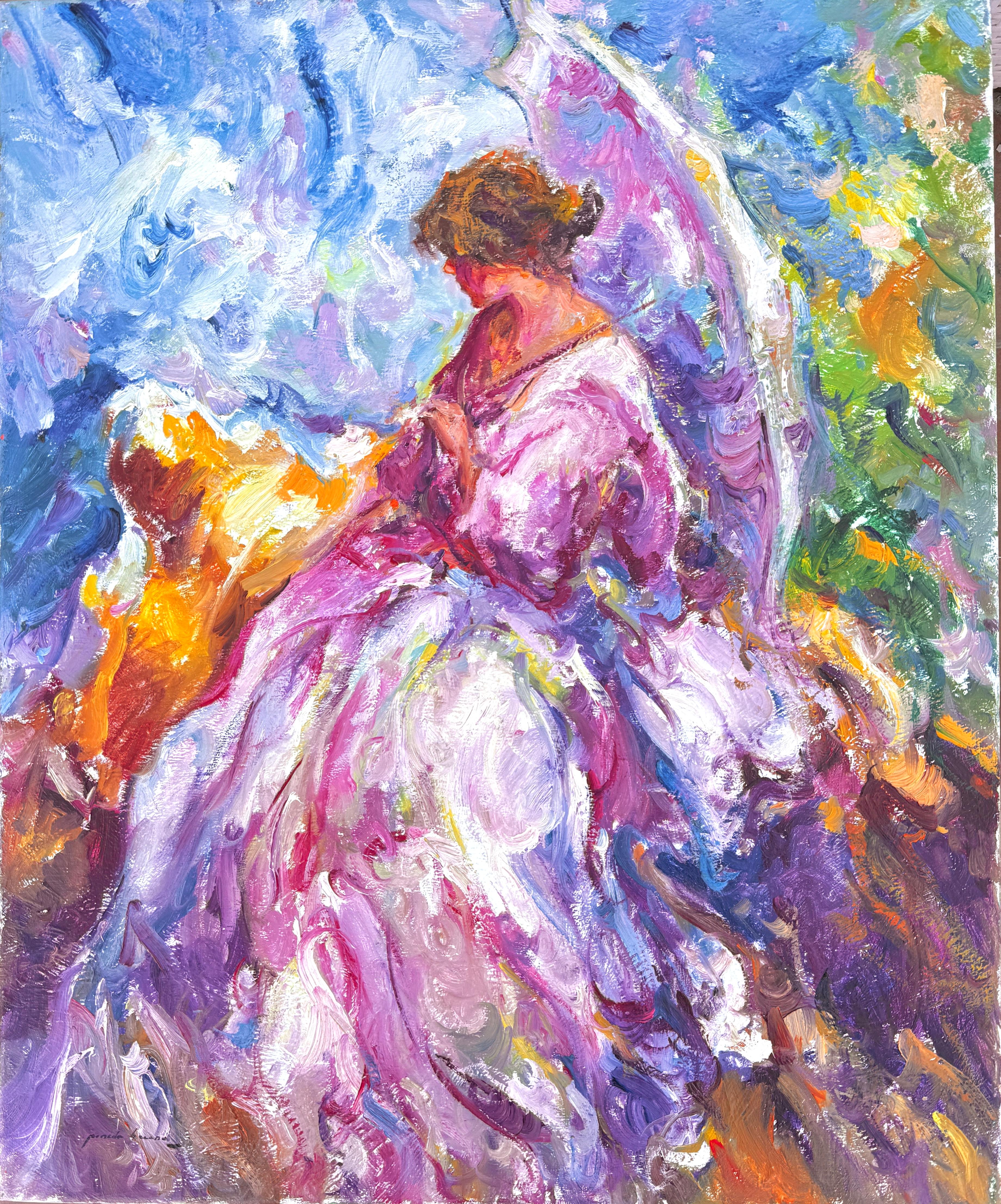 Mediterranean Female Figure Landscape Expressionist Oil Painting Large Canvas