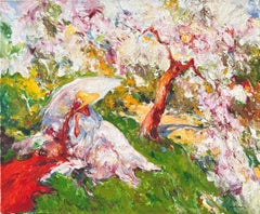Mediterranean Garden with Woman Under Almond Blossom Impressionist Oil canvas