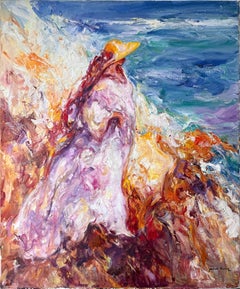 Mediterranean Woman by the Sea Colorful Expressionist Coastal Painting Oil Spain