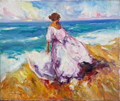 Mediterranean Woman by the Sea Spanish Figurative Oil Canvas Painting European
