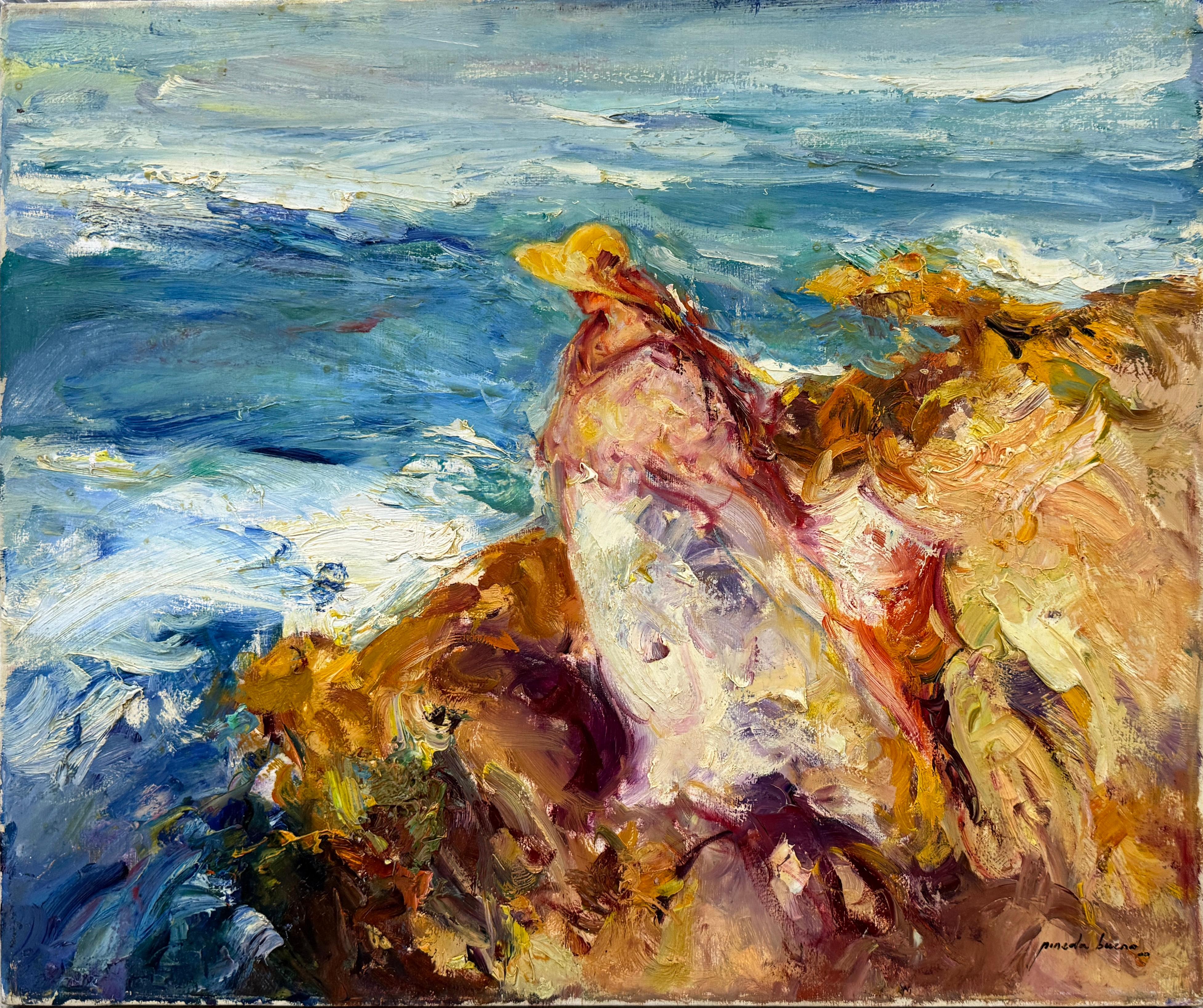Mediterranean Woman on the Rocks Seascape Oil Painting Spanish Expressionist Art