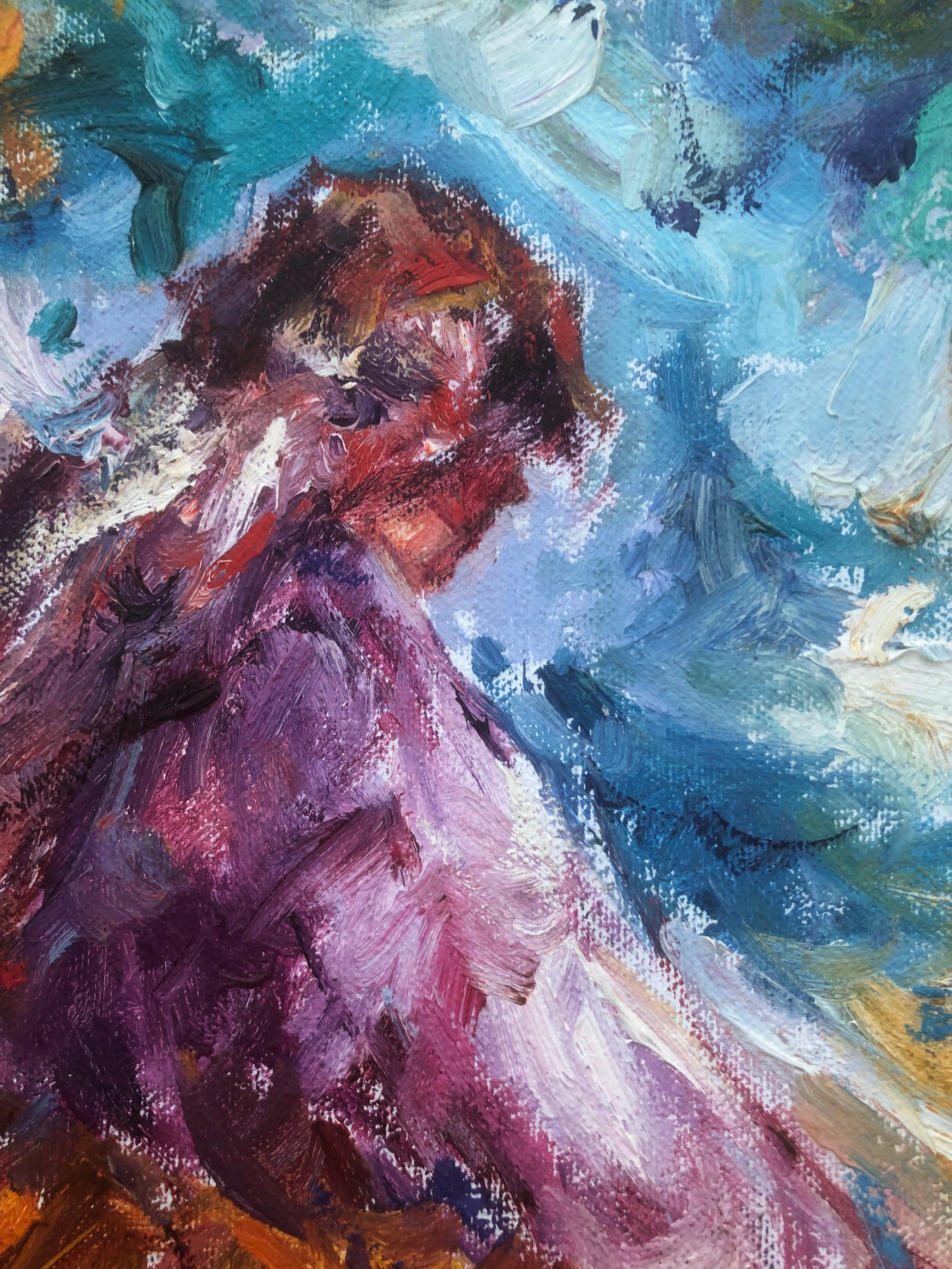 Woman by the sea huile sur toile peinture méditerranéenne  en vente 1