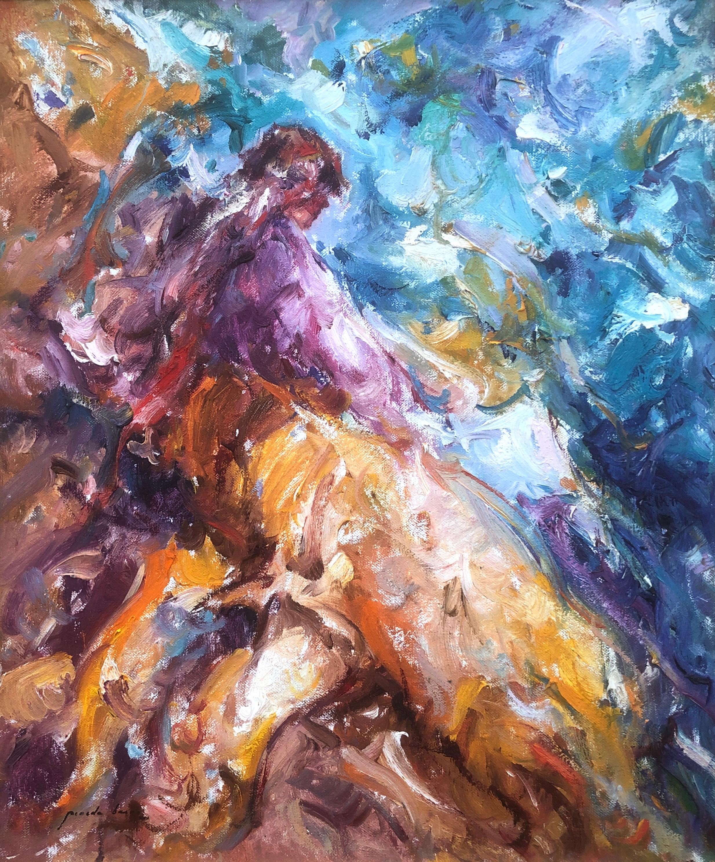 Donna in riva al mare olio su tela pittura mediterranea
