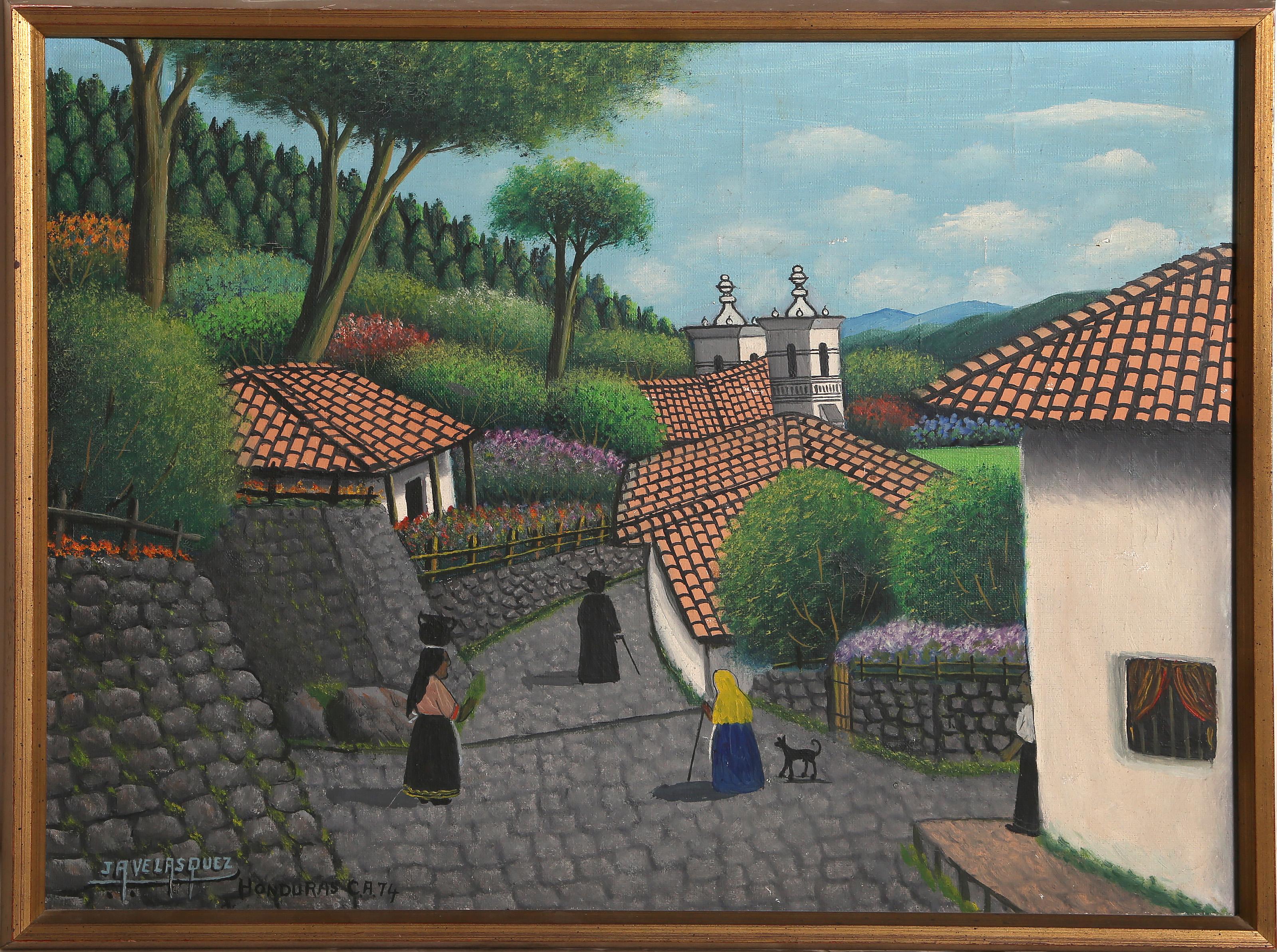 Una Calle en San Antonio de Oriente, Folk Art Painting by Jose Antonio Velasquez
