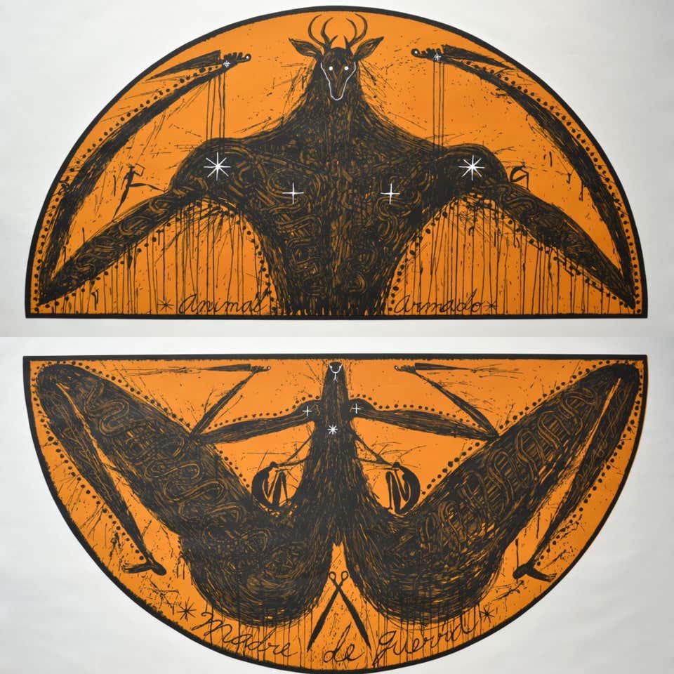 Jose Bedia, "Animal y Madre" (Diptych), 2019, woodcut, 46x78in