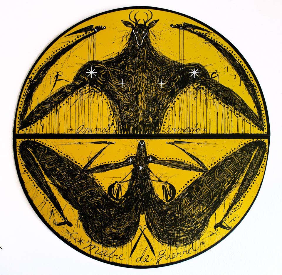 Jose Bedia "Armed Animal & Mother of War" 2019 framed woodcut screenprint 78x78