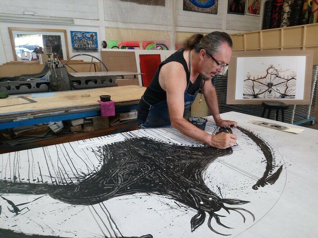 Jose Bedia artista cubano 2019 gran xilografía firmada a mano 46x78in en venta 4