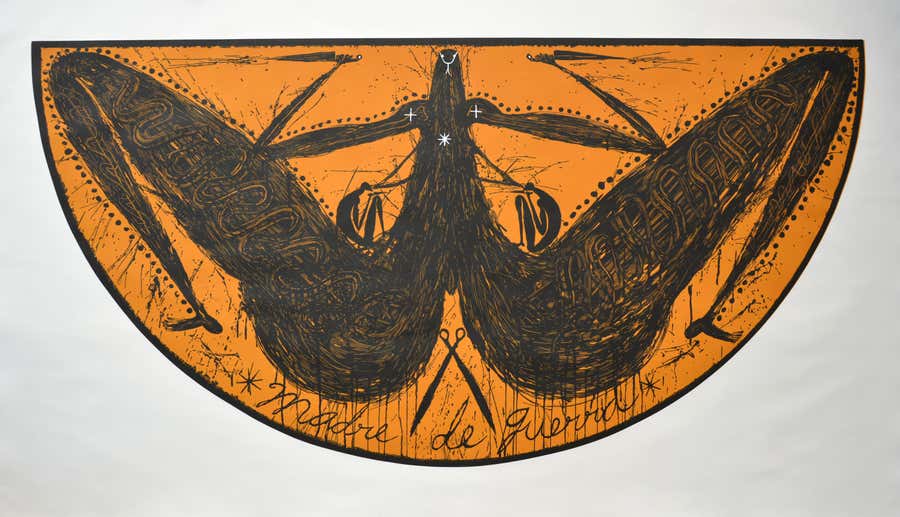 Jose Bedia, "Madre de Guerra", 2019, woodcut, 46x78in