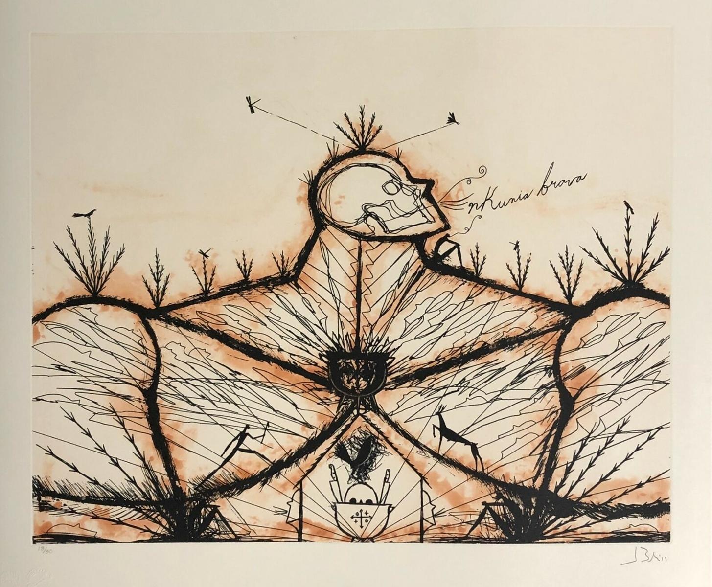 Jose Bedia (Kuba, 1959)
'Nkunia Brava', 2019
Radierung, Aquatinta auf Papier Deponte 300 g.
25,4 x 33,7 Zoll (64,5 x 85,5 cm)
Auflage von 30 Stück
Ungerahmt


