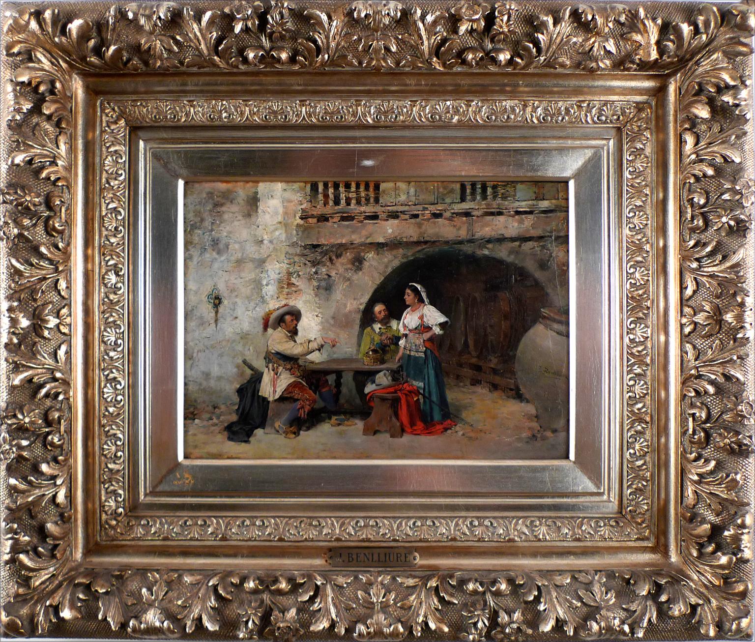 "At the Inn", 19th Century Oil on Wood Panel by Spanish Artist José Benlliure