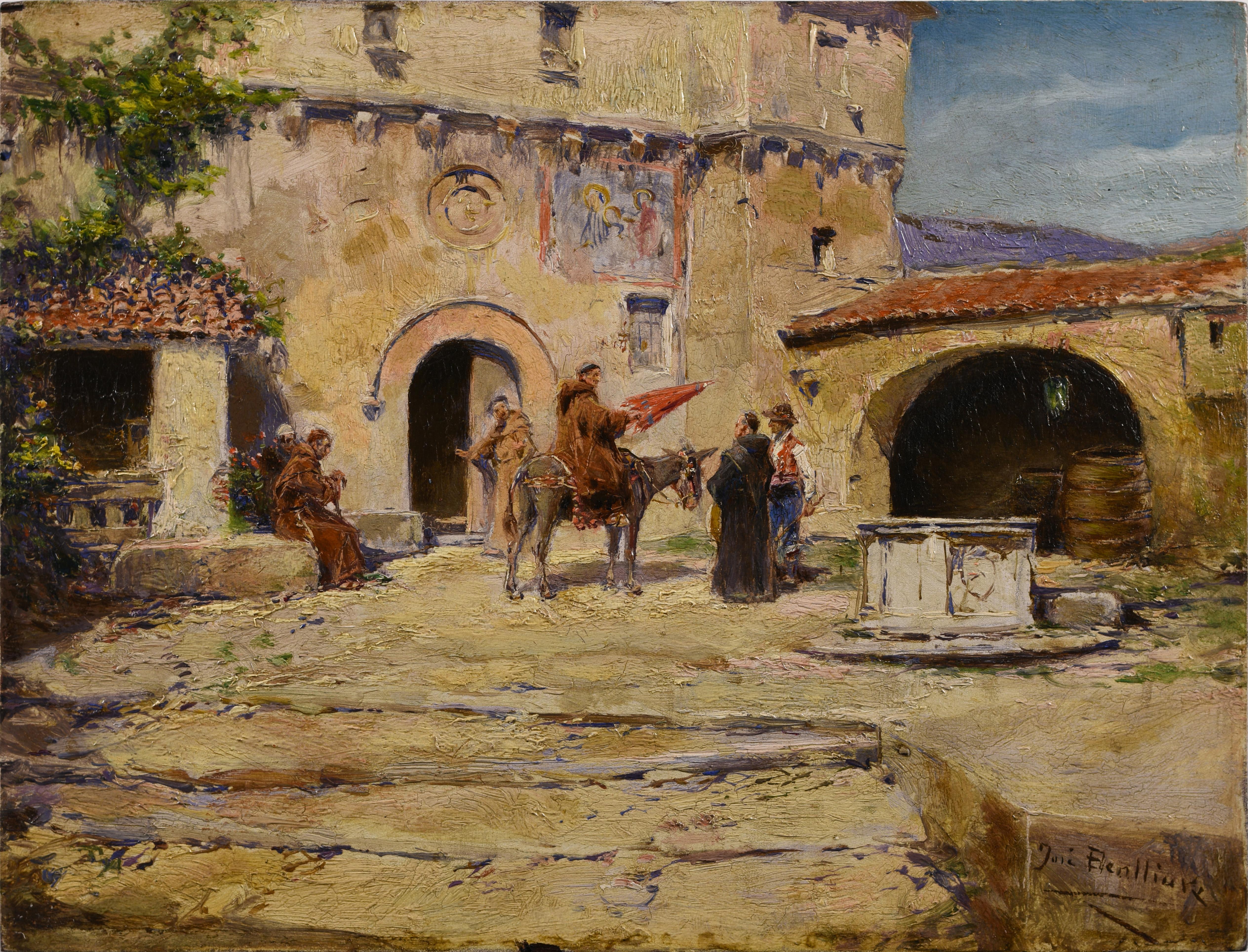 Saying goodbye to the friar in the monastery, Spanish costumbrist scene painting - Painting by José Benlliure