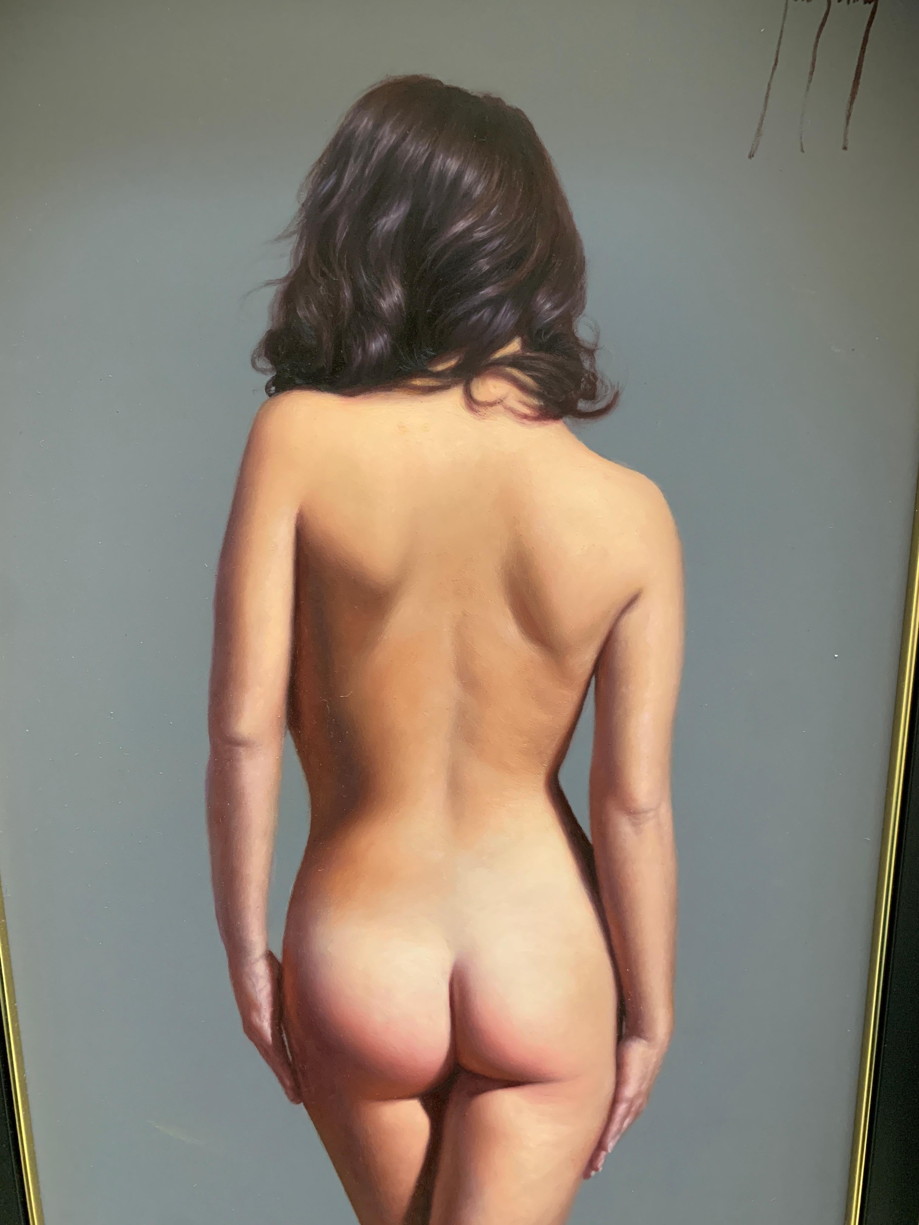 This painting is in excellent condition and has only been shown in a gallery setting.  The board measures 32x14 inches and 35x17 with frame. 
By infusing his works with elements of portraiture, the surreal, and the classical, Jose Borrell redefines