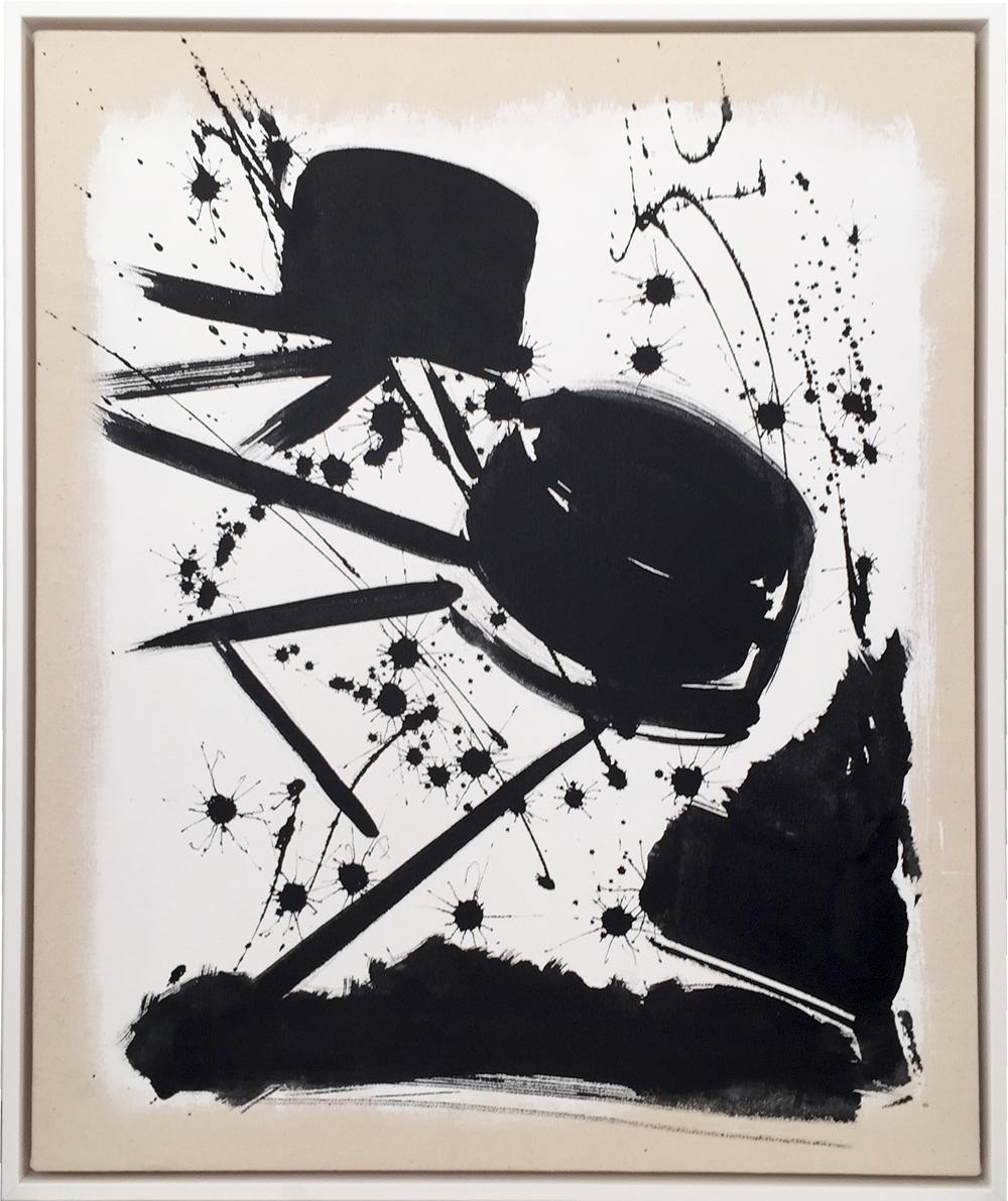 This black and white abstract acrylic on canvas is enhanced by the energy of black splashes across the canvas.  The raw canvas edges balance the contrast of the bright white background softening the piece.  This work is beautifully framed in a