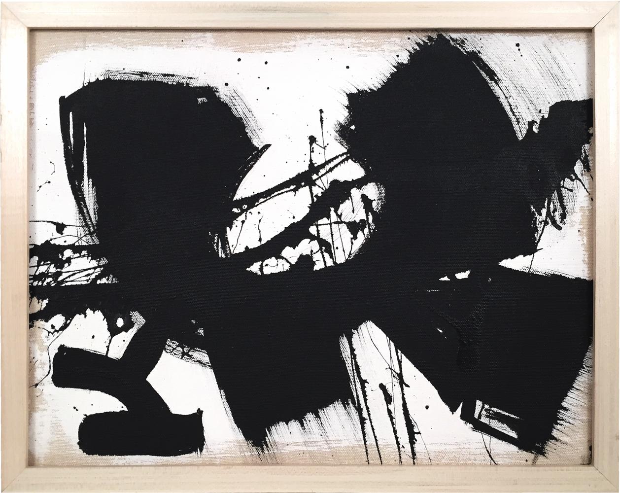 This black and white abstract acrylic on canvas is enhanced by the energy of black splashes across the canvas.  The raw canvas edges balance the contrast of the bright white background softening the piece.  This work is beautifully framed in an