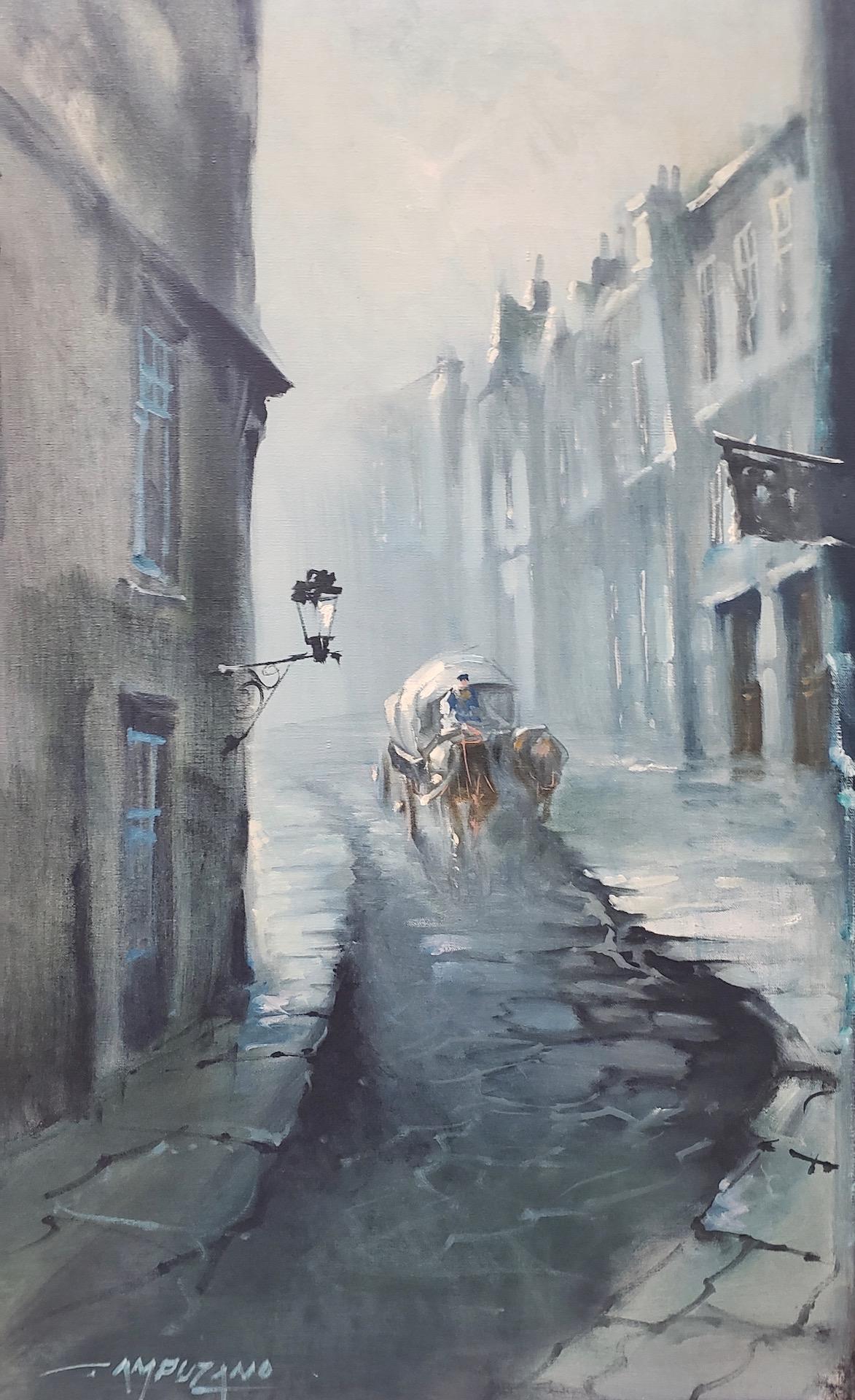 Jose Campuzano (1918-1979) original oil painting, circa 1960s

A carriage coming down a cobbled street. The early morning light illuminates the path.

Original oil on canvas. Dimensions: 24