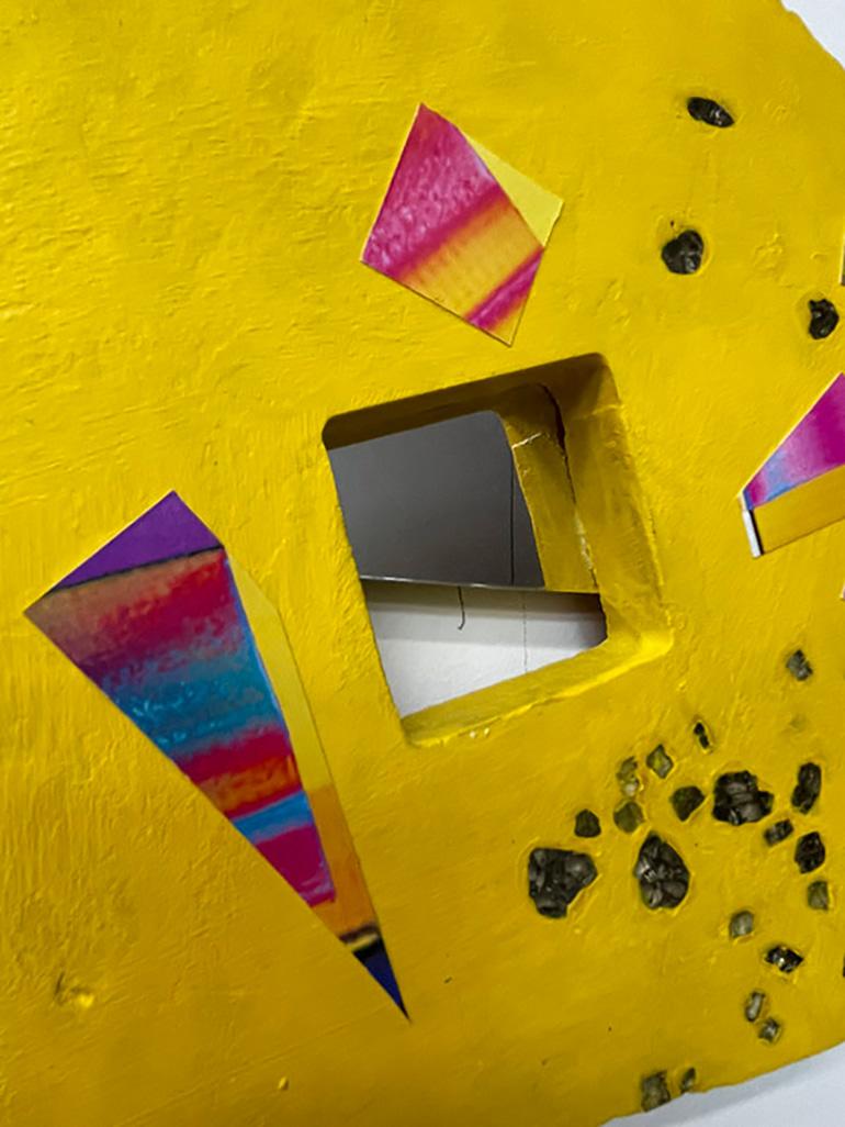 Margo Vibes 1.2.3. projects a playful use of color and shapes.
Formed with plaster of Paris with spray paint and encrusted with photography art print cuttings, glass bits, mylar, mirror and soldering wire. 

Jose Castro was born in Matanzas, Cuba in