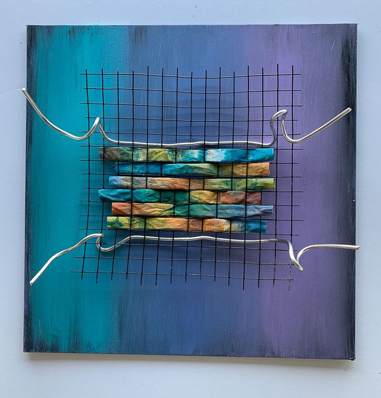 Ode to our Heroes - yellow, green, purple and blue 4 panels each 12 X 12.
The panels are aluminum with acrylic, wire grid, silk, ink, soldering wire.

Jose Castro was born in Matanzas, Cuba in 1947. In 1961, when he was 14, he was sent to Miami to