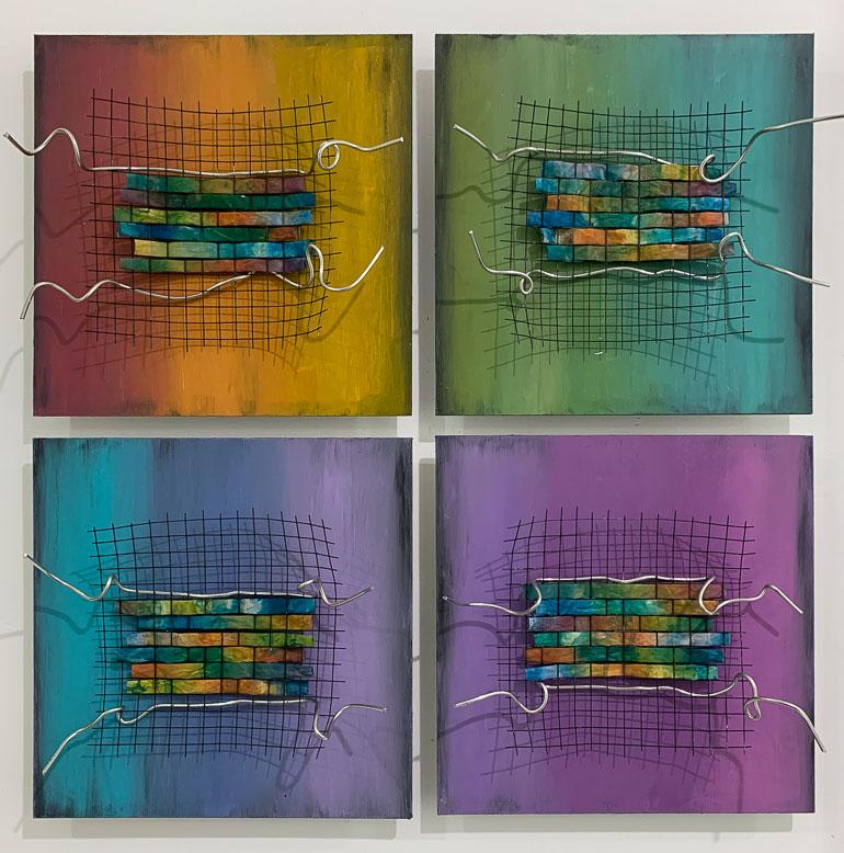 Ode to our New Heroes-yellow, green, purple and blue 4 panels  - Painting by Jose Castro