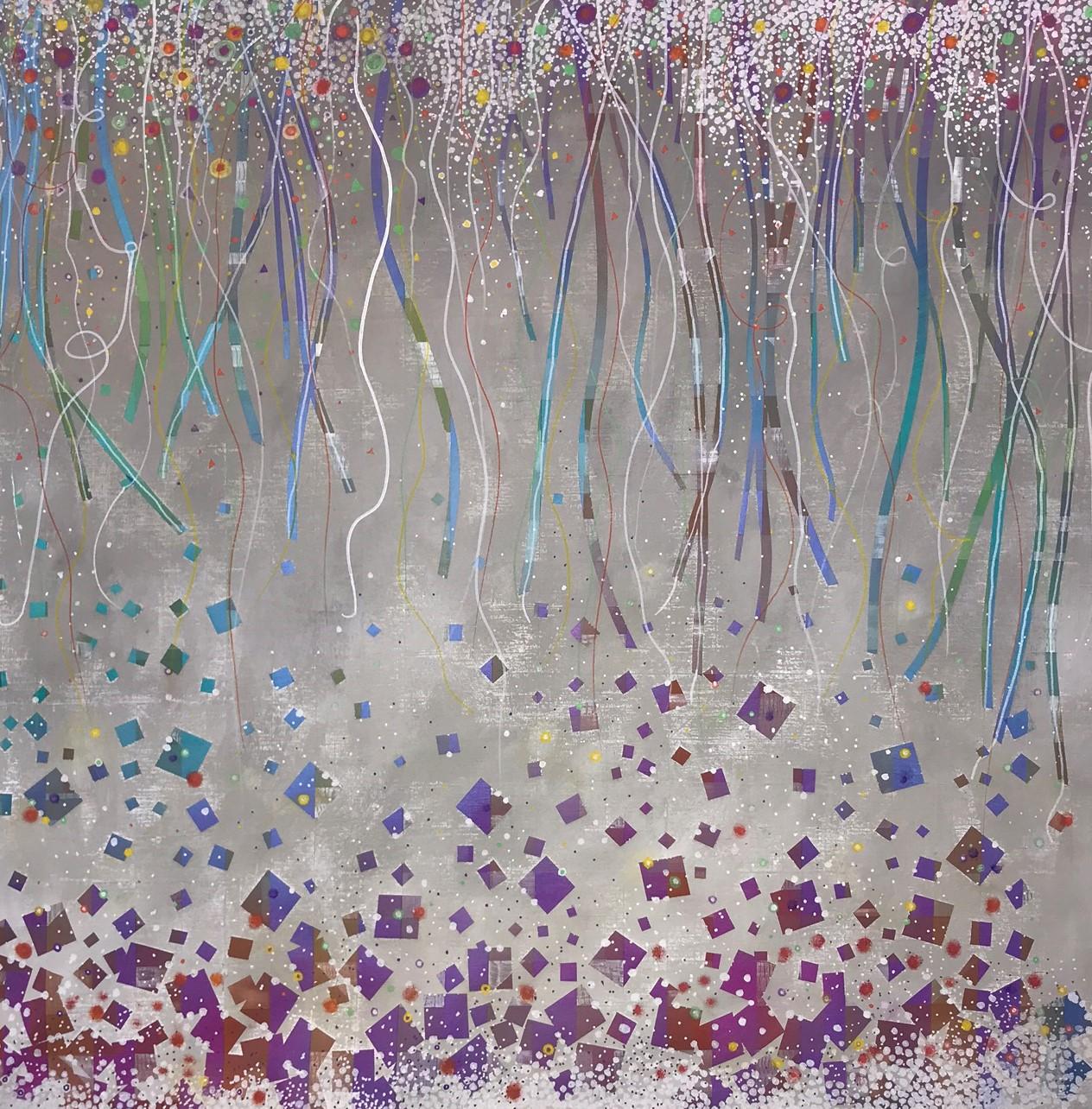 Celebration-49,5 X 49,5 Grigio, viola e bianco - Painting di Jose Castro