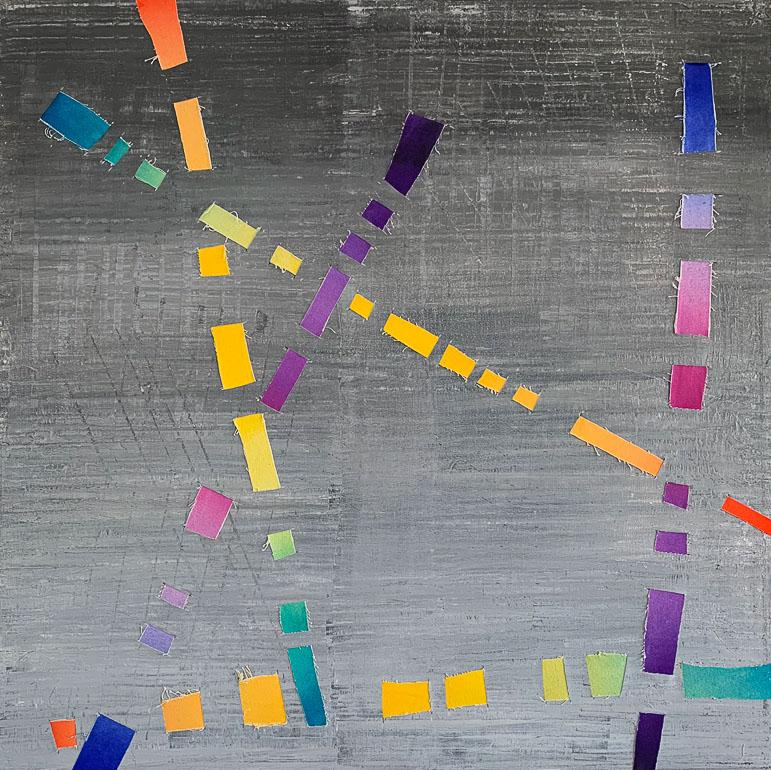 Dream Weaver, colorful woven canvas triptych - Gray Abstract Painting by Jose Castro