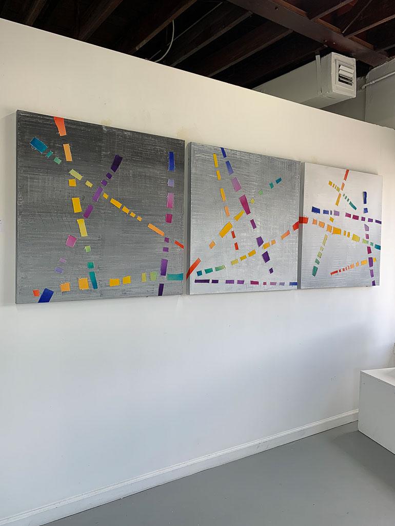 Dream Weaver Triptych uses strips of painted raw canvas of irregular size woven into the bachground color field of painted, primed canvas. The overall design is loosely planned in advance and then adjusted 
