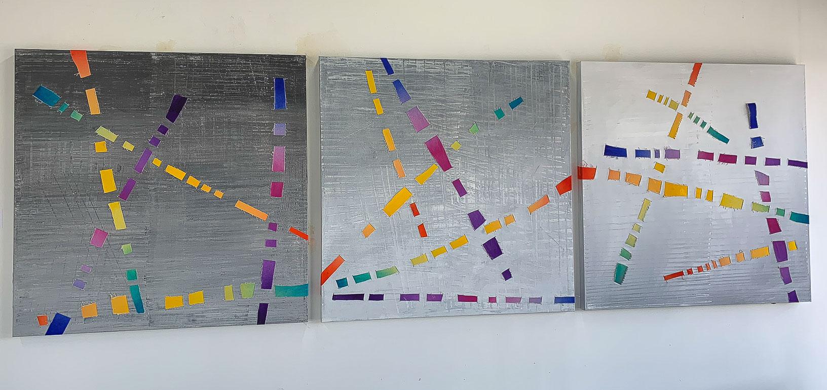 Jose Castro Abstract Painting - Dream Weaver, colorful woven canvas triptych