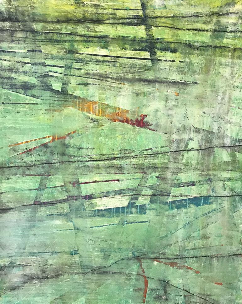 Jose Castro Abstract Painting - Uncertain- 31 X 40 Soft Greens