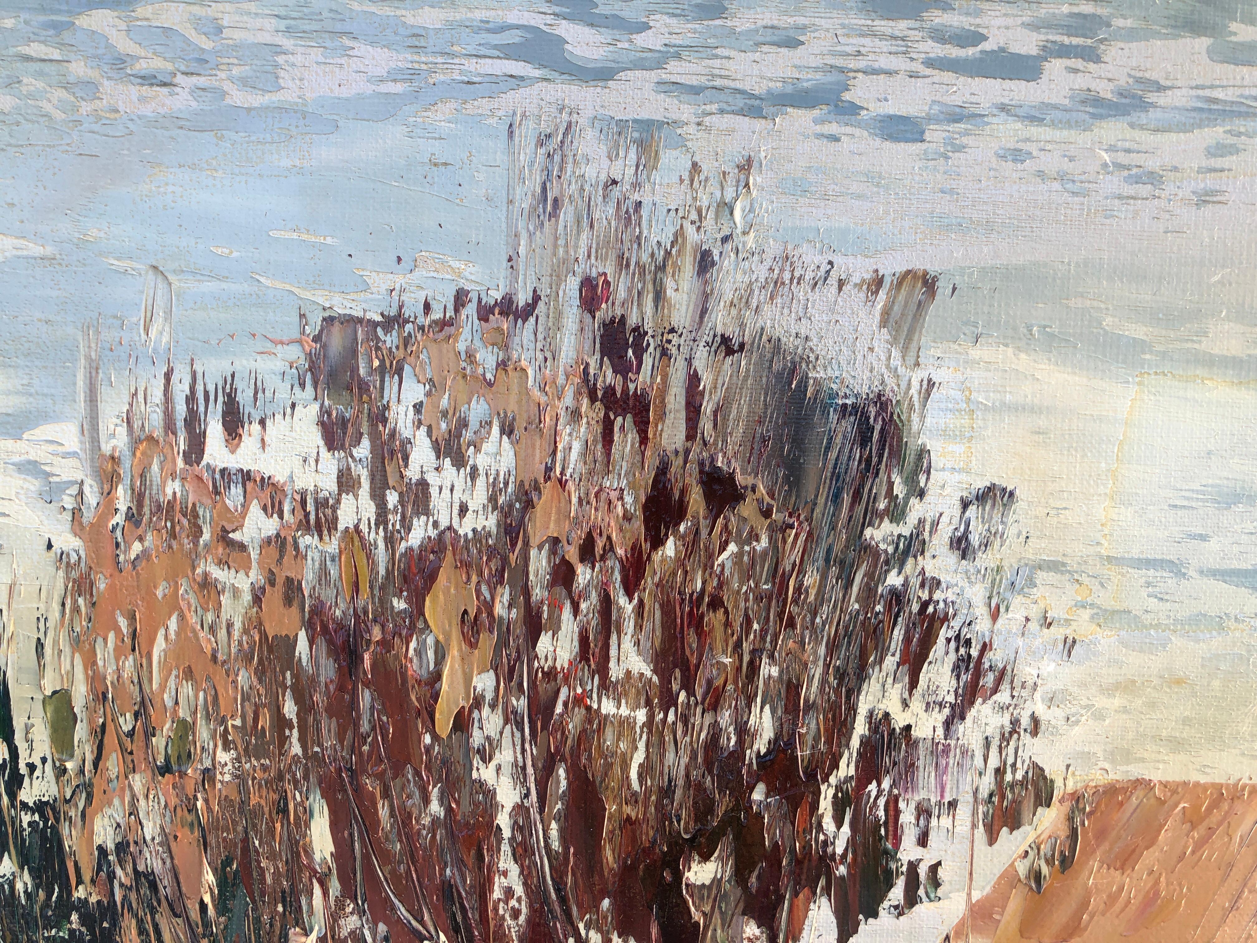 Peinture à l'huile sur toile - Paysage espagnol Valence - Maisons de campagne - Gris Landscape Painting par Jose Cozar