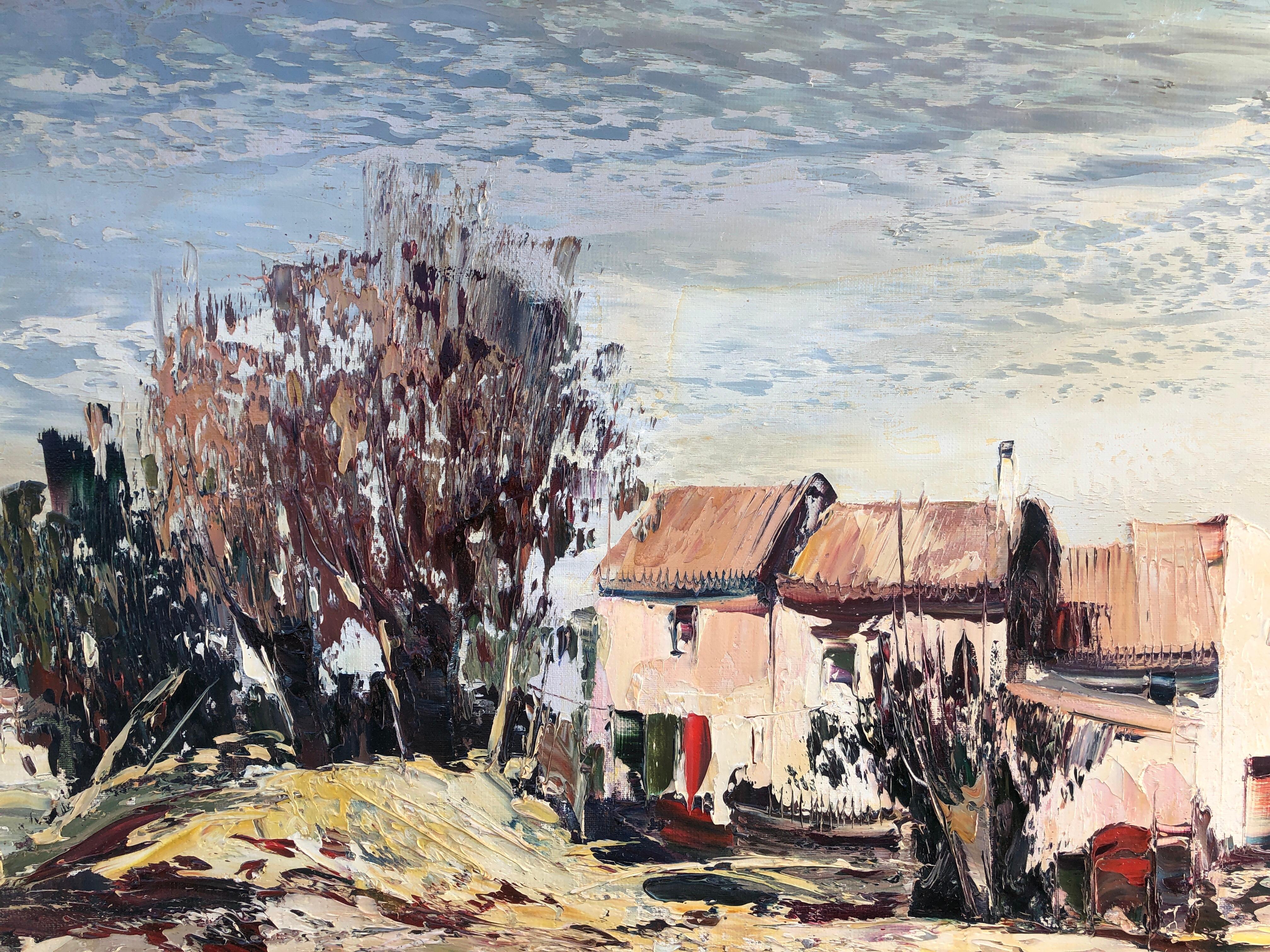 Casas de campo Valencia paisaje español óleo sobre lienzo - Landscape Painting Gris de Jose Cozar