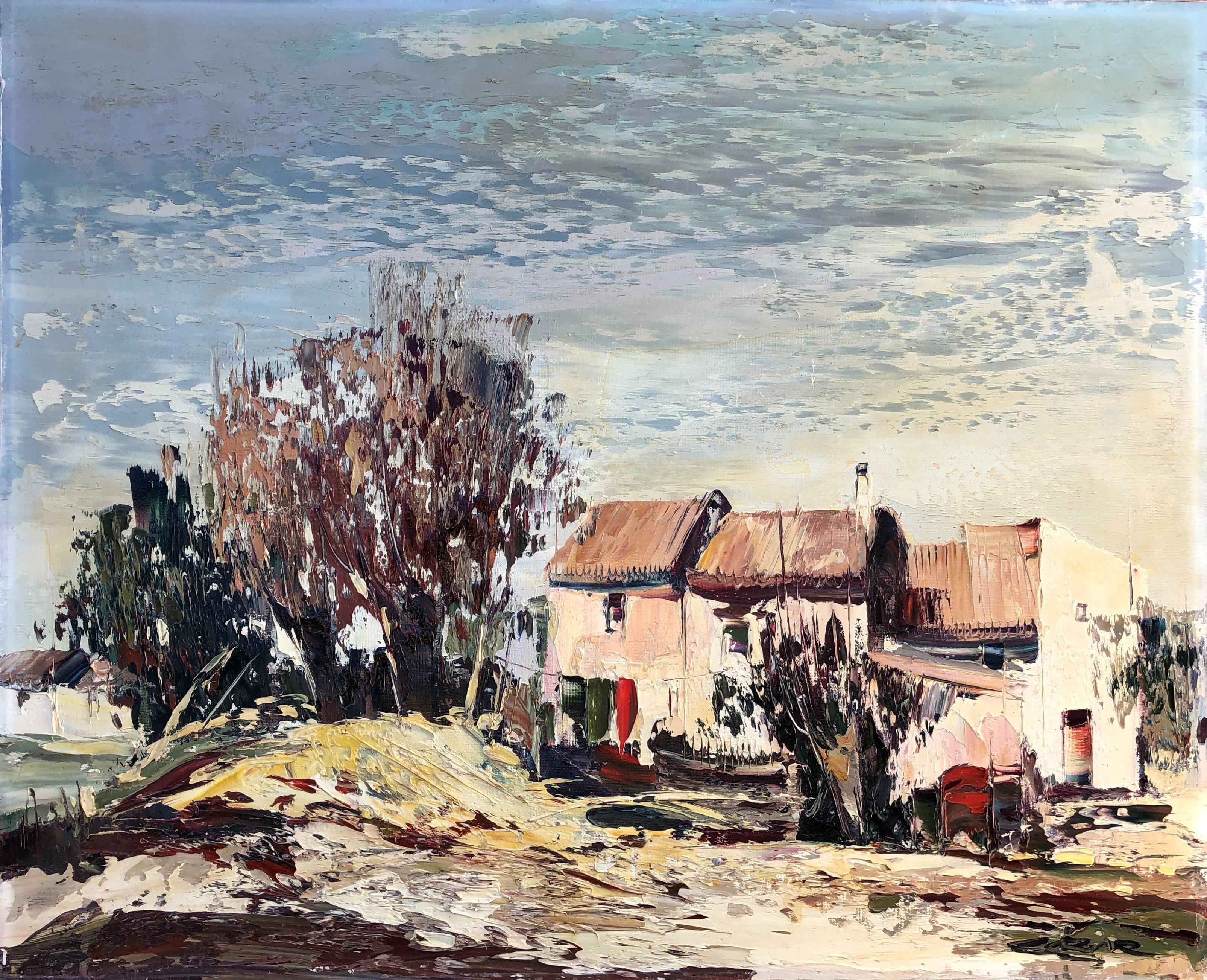 Landscape Painting Jose Cozar - Peinture à l'huile sur toile - Paysage espagnol Valence - Maisons de campagne