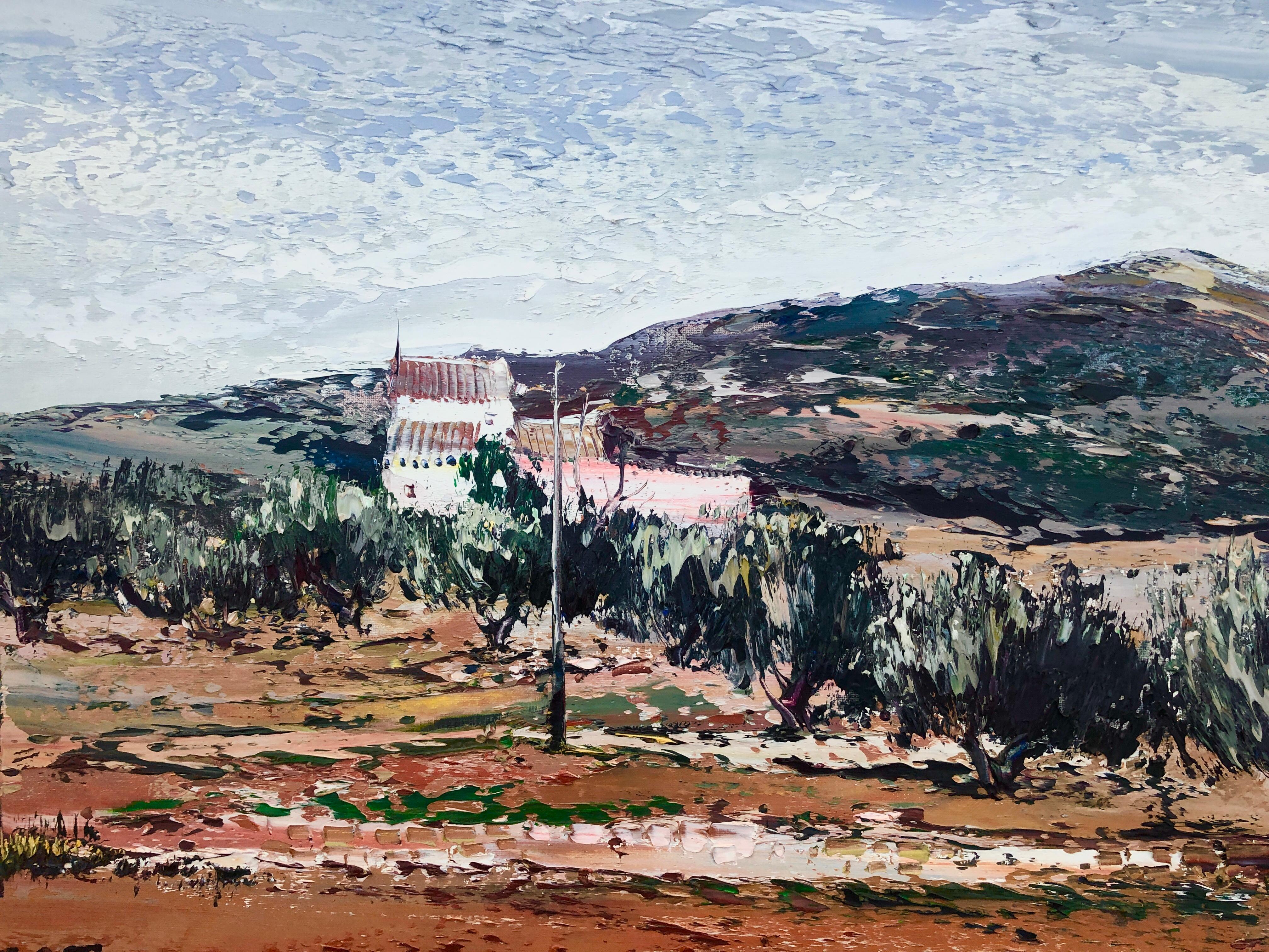 Teulada Alicante spanish landscape oil on canvas painting - Blue Landscape Painting by Jose Cozar