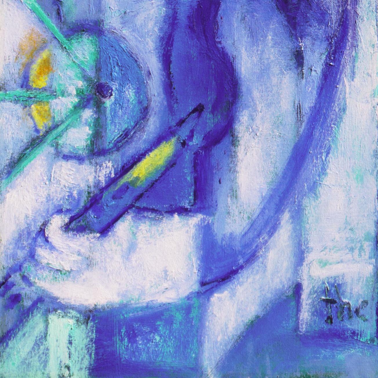 Signed lower left, 'J.da Silveira' for Jose Da Silveira (French-American, born 1965), titled, 'The Soul is Music' and painted circa 2002.
Additionally signed and titled, and with figural drawing, verso;   
Previously with: Chabot Gallery, Campbell,
