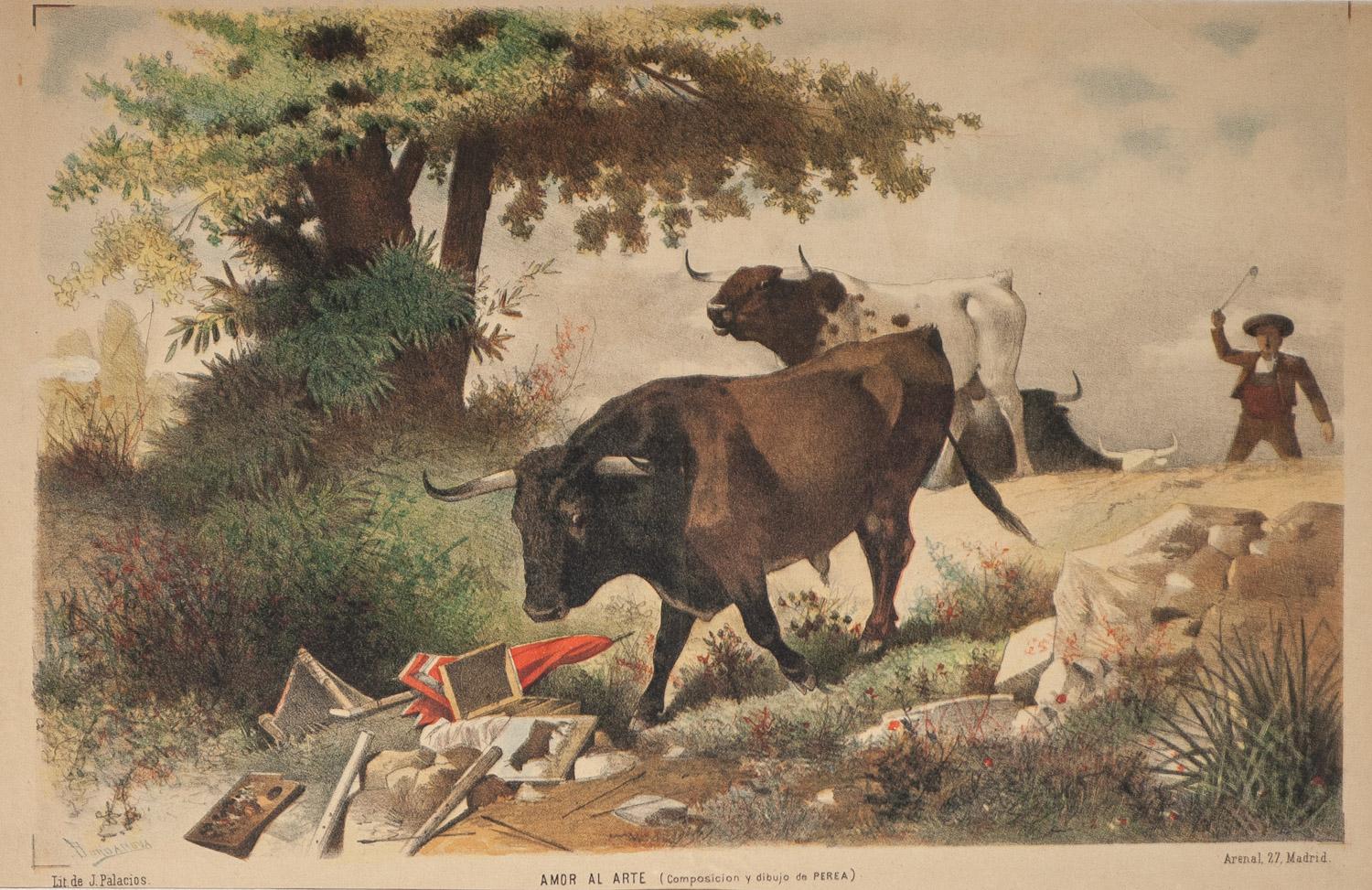      La Lidia, la più antica e popolare rivista di corride, è stata fondata da Julian Palacios, proprietario di un prestigioso laboratorio di litografia e incisione a Madrid. Queste coloratissime e vivaci cromolitografie del 1886 sono a doppia