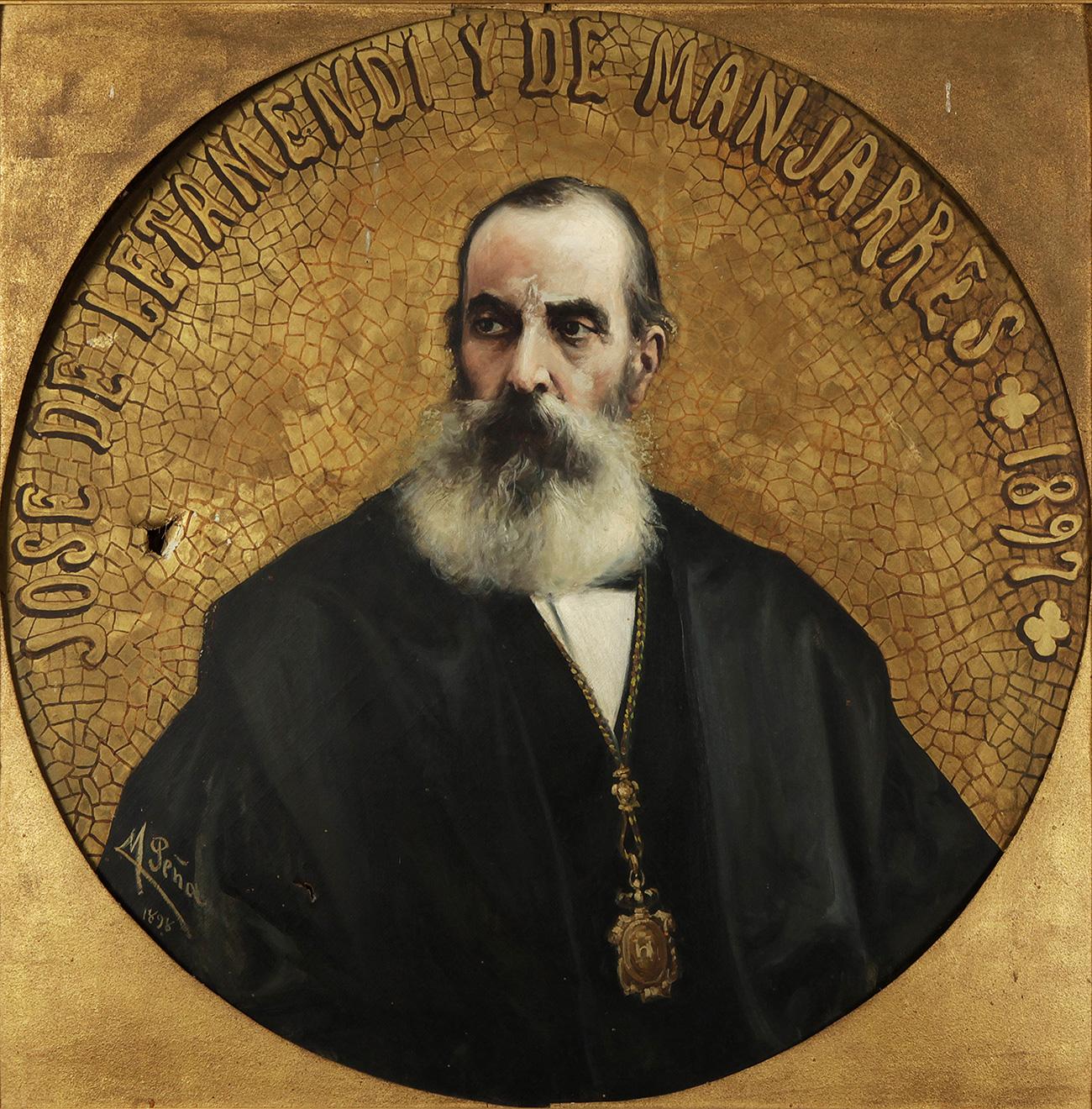 Peña Muñoz, Maximino (Salduero, Soria, 1863 – Madrid, 1940).
Oil on canvas.
Signed, dated (1898) and titled.
For the realization of this work, Maximiliano Peña was based on a photograph taken in 1897, the year of the death of José de Letamendi