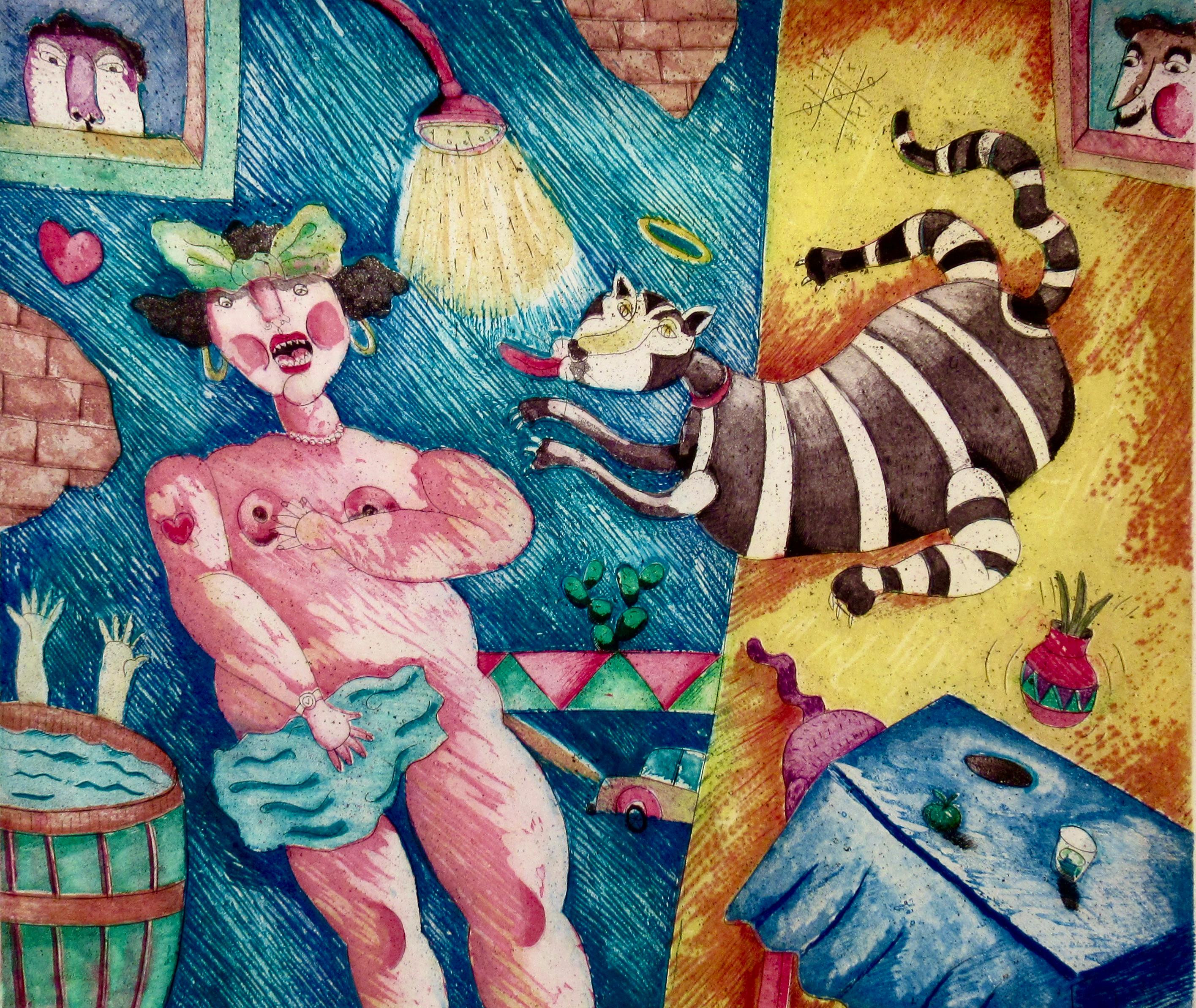 Femme nue avec chat - Print de Jose Esteban Martinez