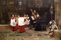 "Coro de monaguillos ensayando", 19th Century Oil on Wood Panel by José Gallegos