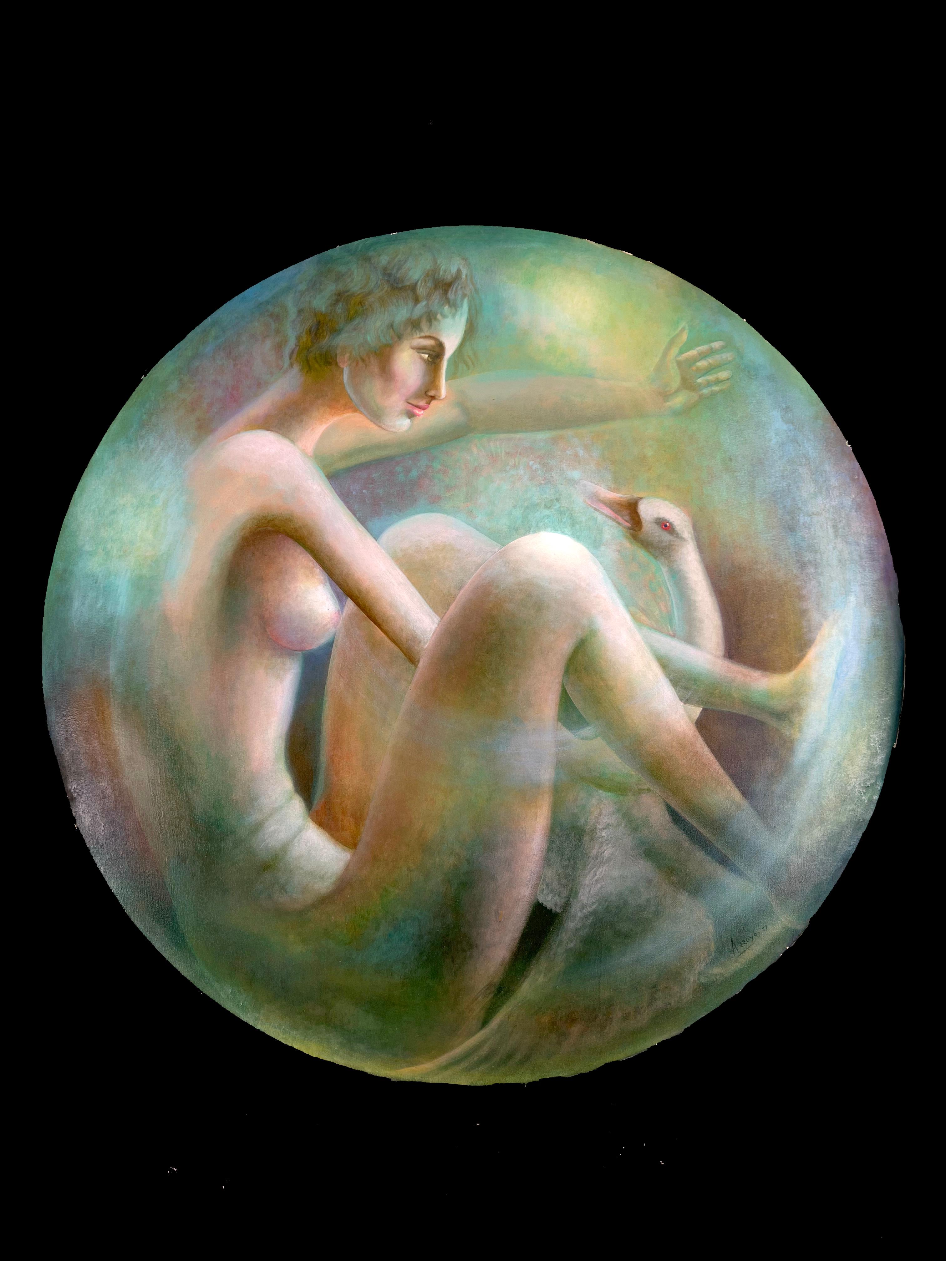 Figurative Nude with Swan Circular Oil on Canvas  - Painting by Jose Garcia Arroyo
