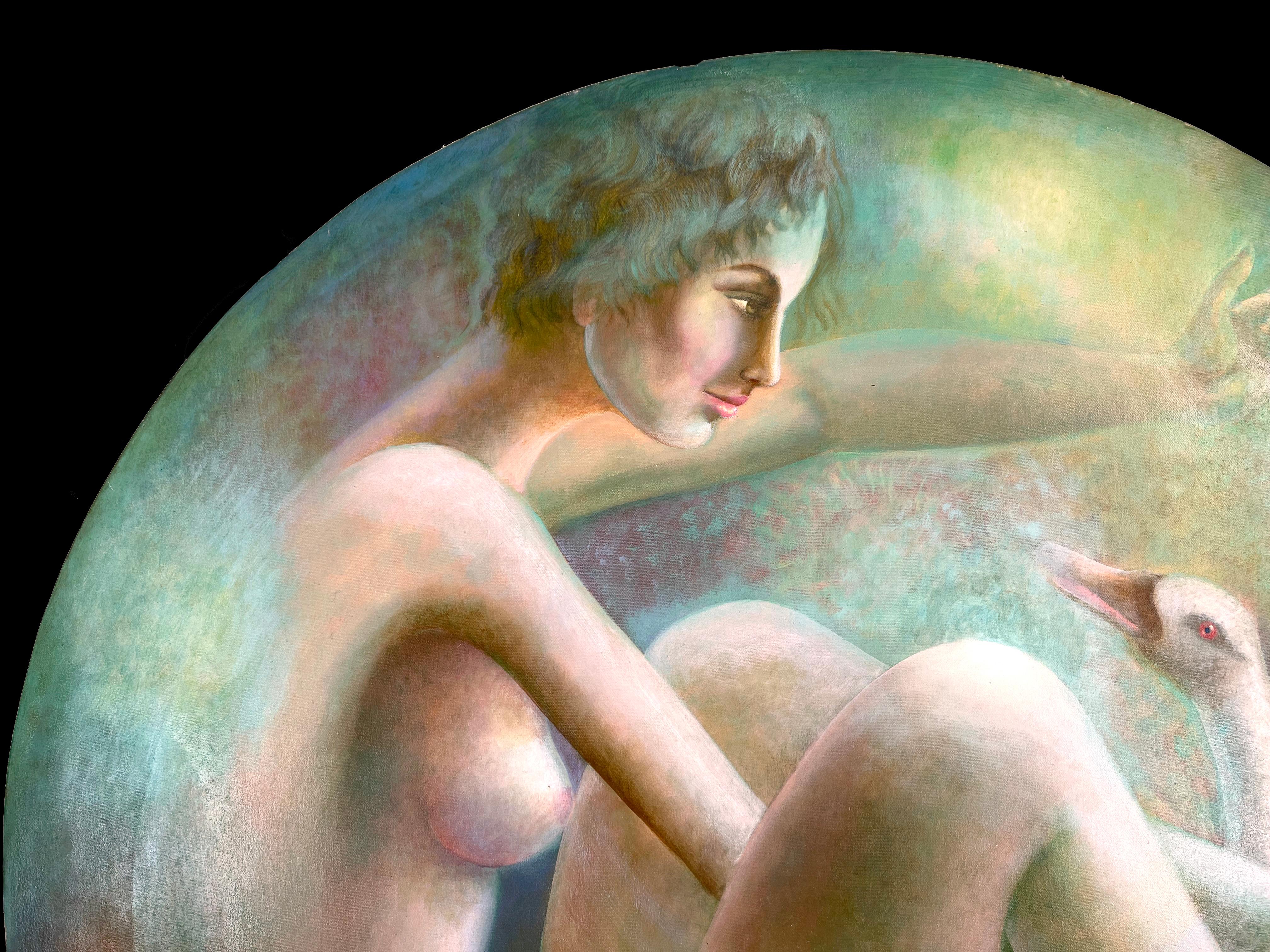 Figurative Nude with Swan Circular Oil on Canvas  - Impressionist Painting by Jose Garcia Arroyo