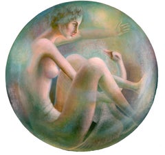 Vintage Figurative Nude with Swan Circular Oil on Canvas 