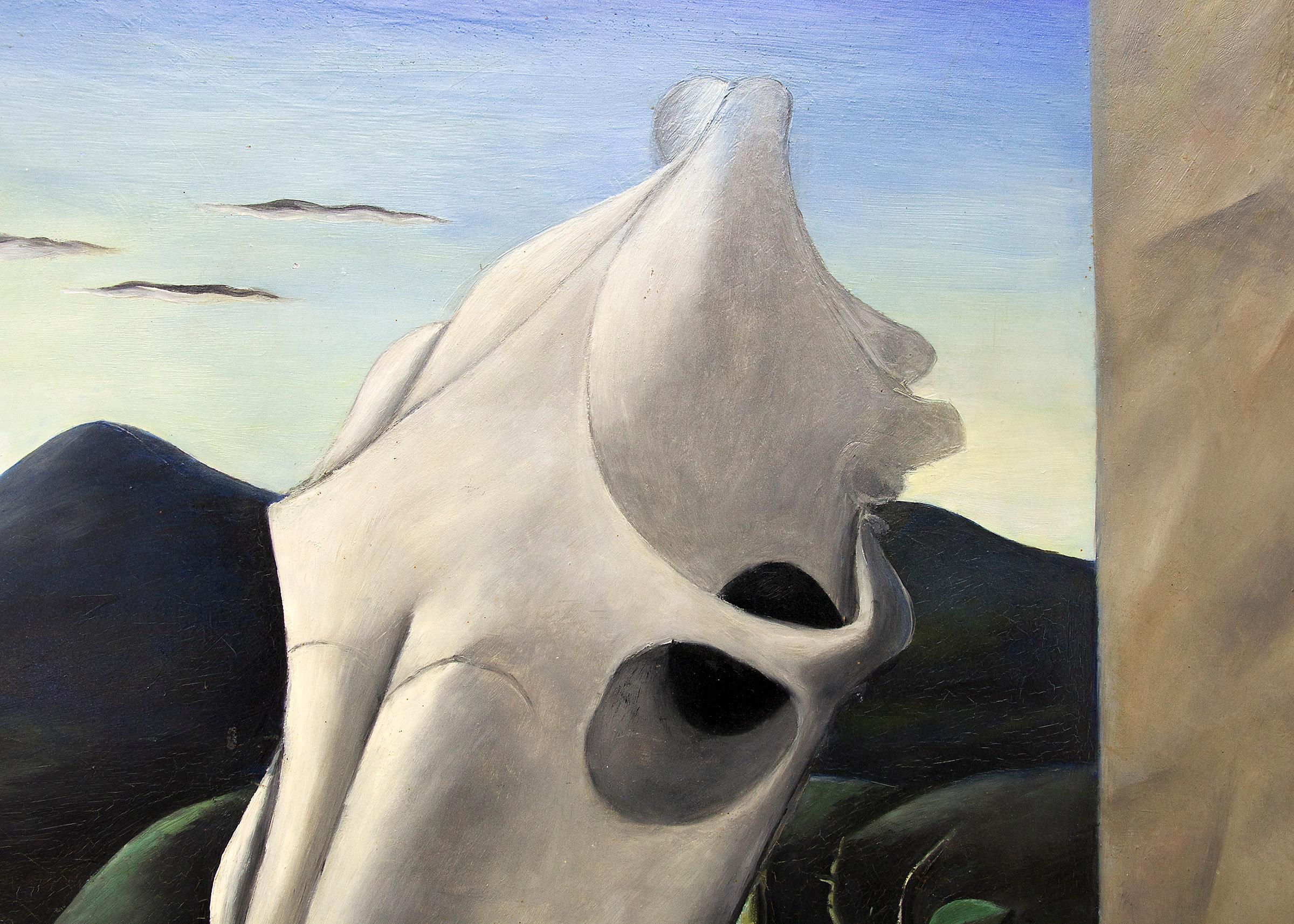 Peinture à l'huile de Sueno del Caballo ou crayon expressif, crâne de cheval du sud-ouest - Noir Landscape Painting par José García Narezo