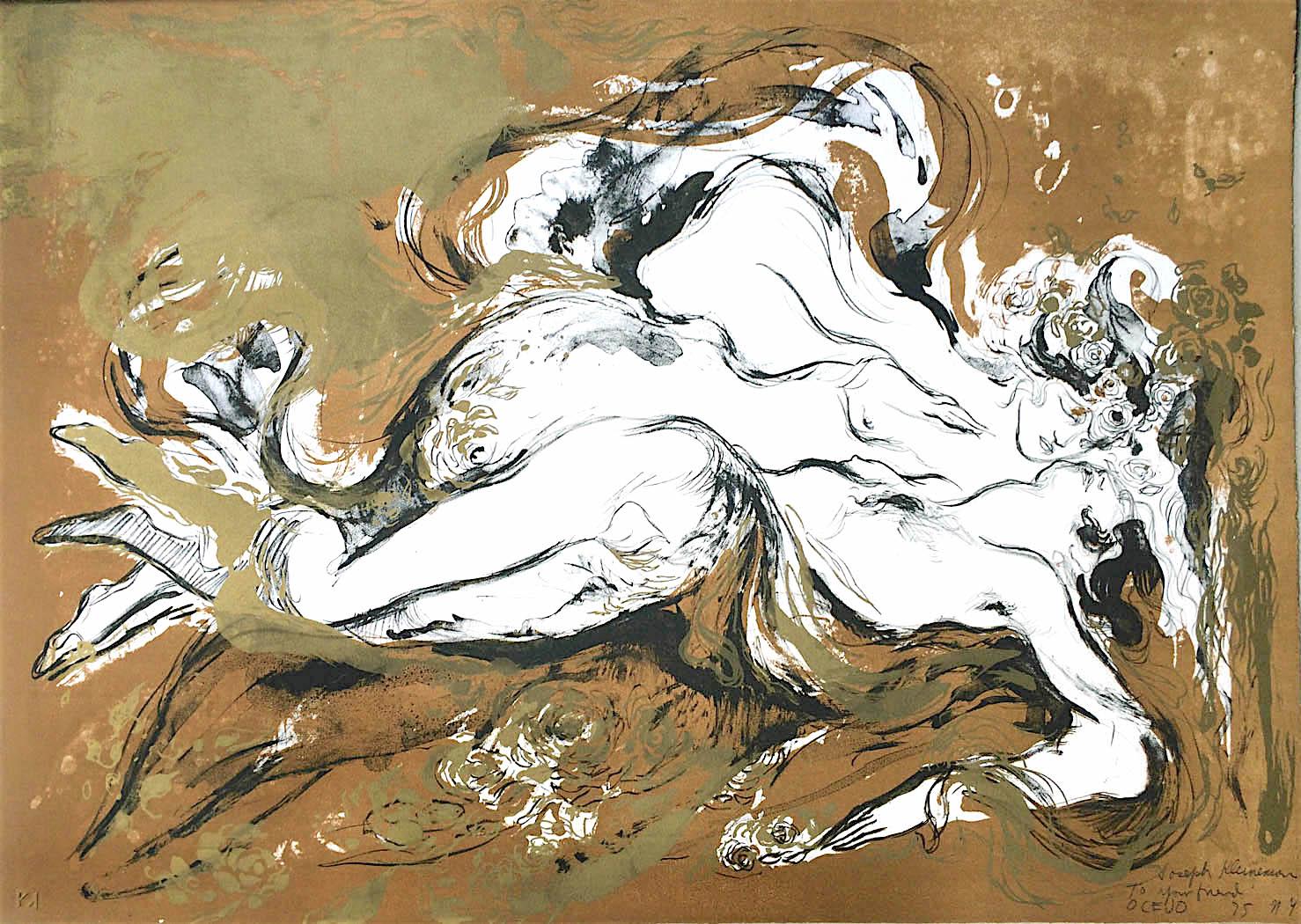 LOVERS Signed Lithograph, Erotic Portrait, Nude Couple, Ochre Gold Black White  - Print by José García Ocejo