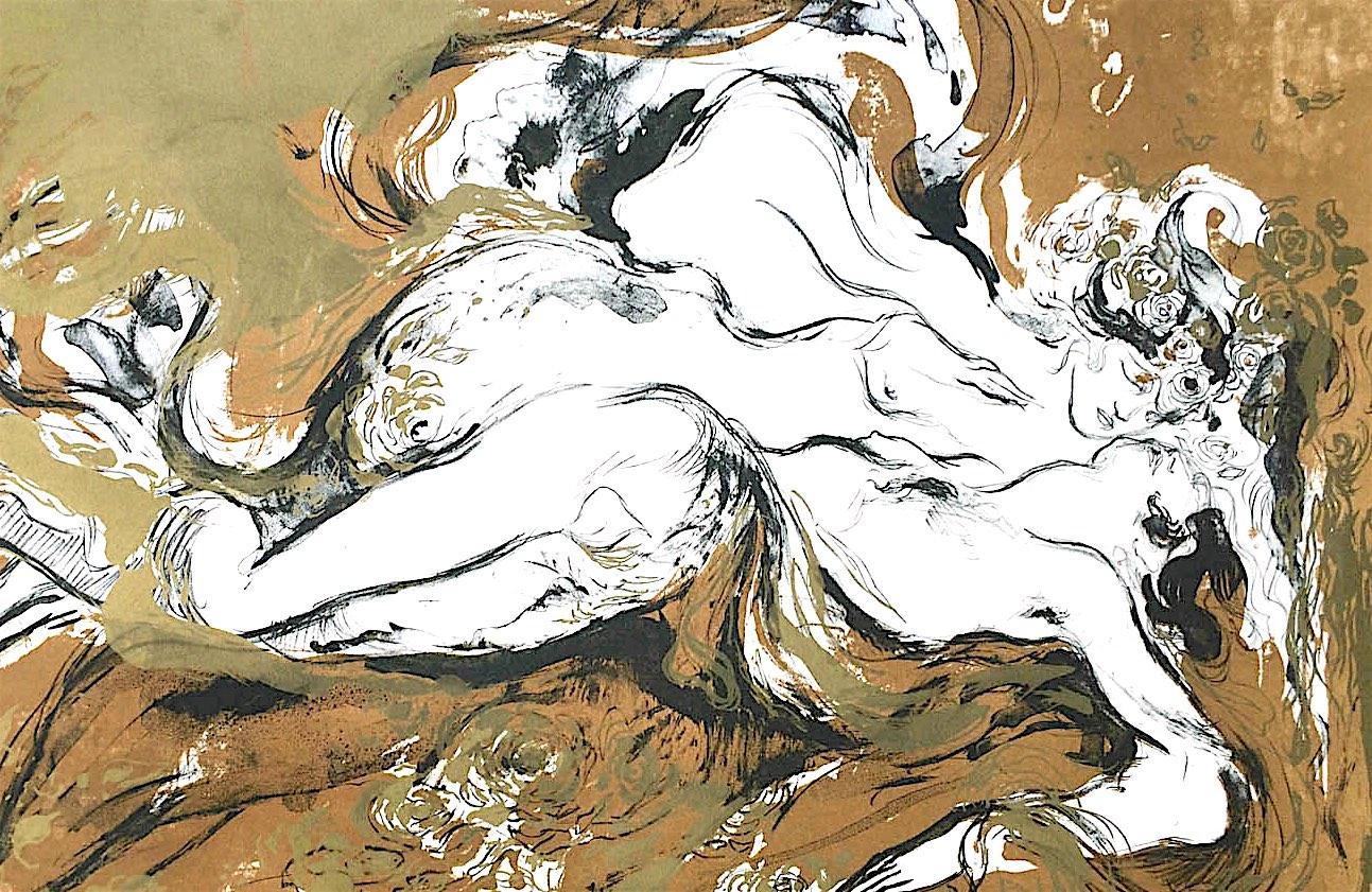 José García Ocejo Portrait Print - LOVERS Signed Lithograph, Erotic Portrait, Nude Couple, Ochre Gold Black White 
