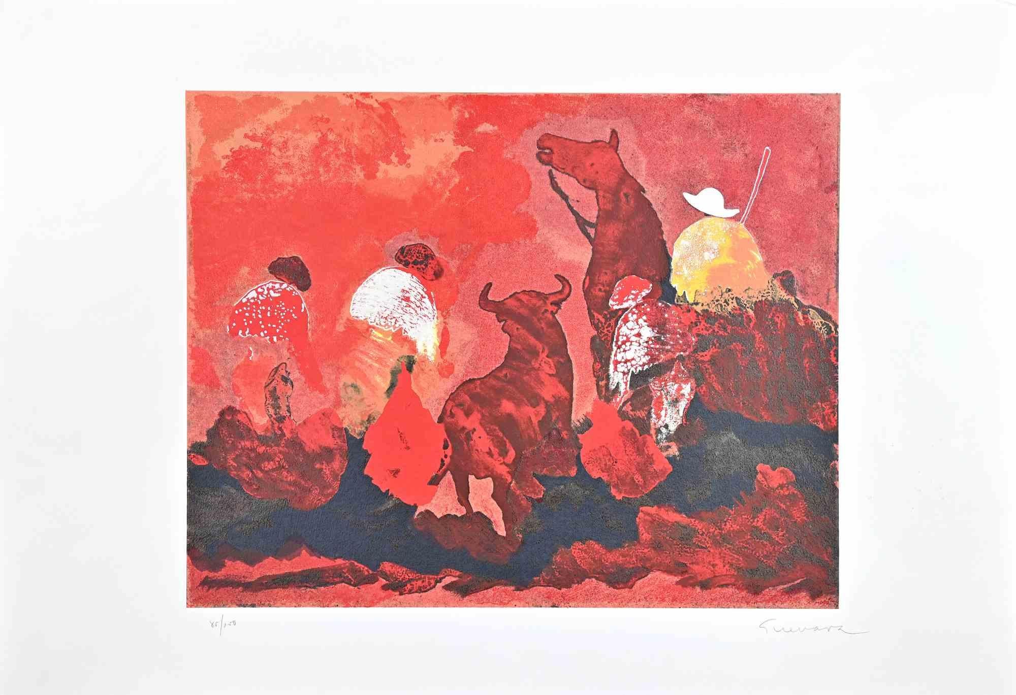 Bullfight In Red  is a very colorful artwork realized by Josè Guevara in 1989 .

Serigraph  on paper.

The print is hand-signed in pencil on the lower left. Numbered on the lower right. Edition XLV/L.

Good conditions.

The artwork shows one of the