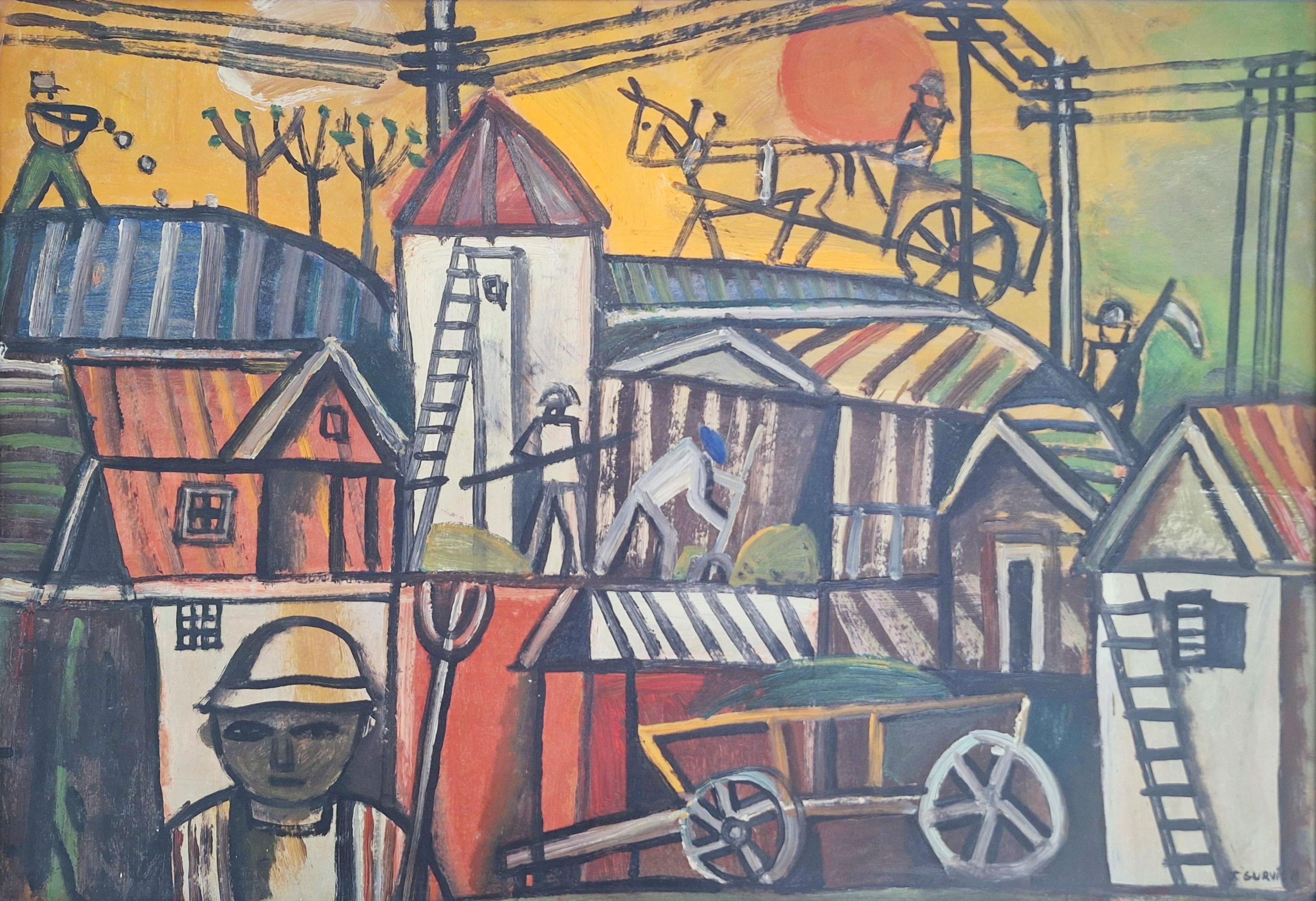 José Gurvich Figurative Painting – Sonnenaufgang im Kibbuz Ramot Menashe - israelisch-uruguayischer Joaquín Torres García