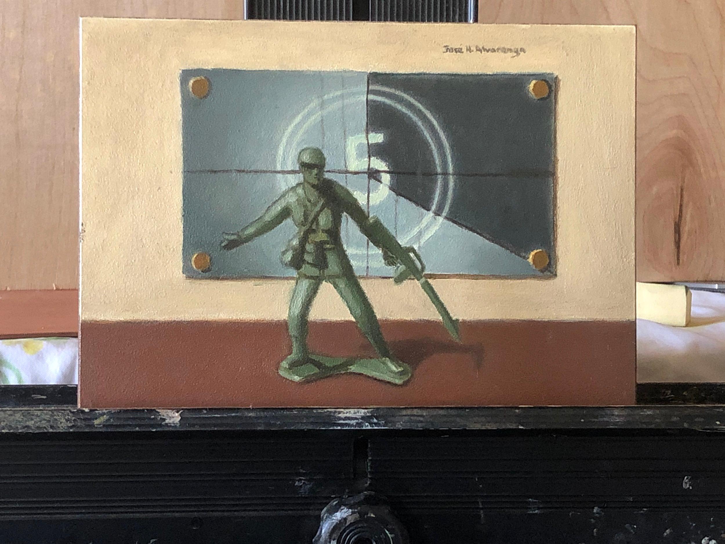 <p>Artist Comments<br />Artist Jose H. Alvarenga paints a tribute to action-adventure movies in classical impressionism.  He pictures the hero of the film, a plastic toy soldier, the last man standing. 