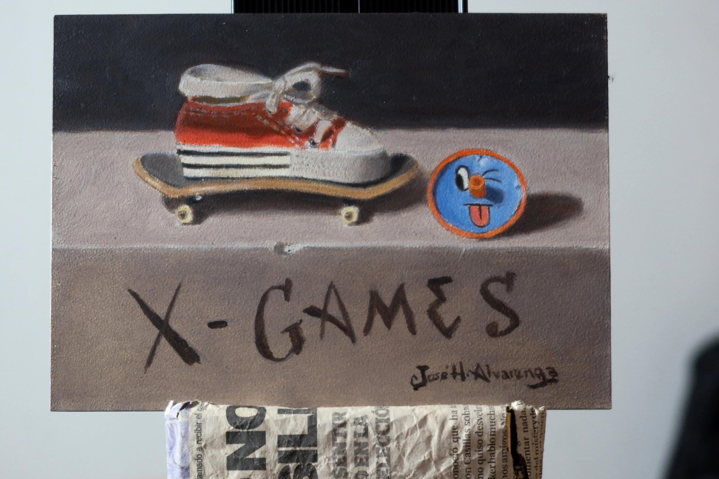 <p>Kommentare des Künstlers<br />Der Künstler Jose H. Alvarenga zeigt ein Bild von einem roten Schuh auf einem Skateboard mit einem Spielzeug an der Seite. 