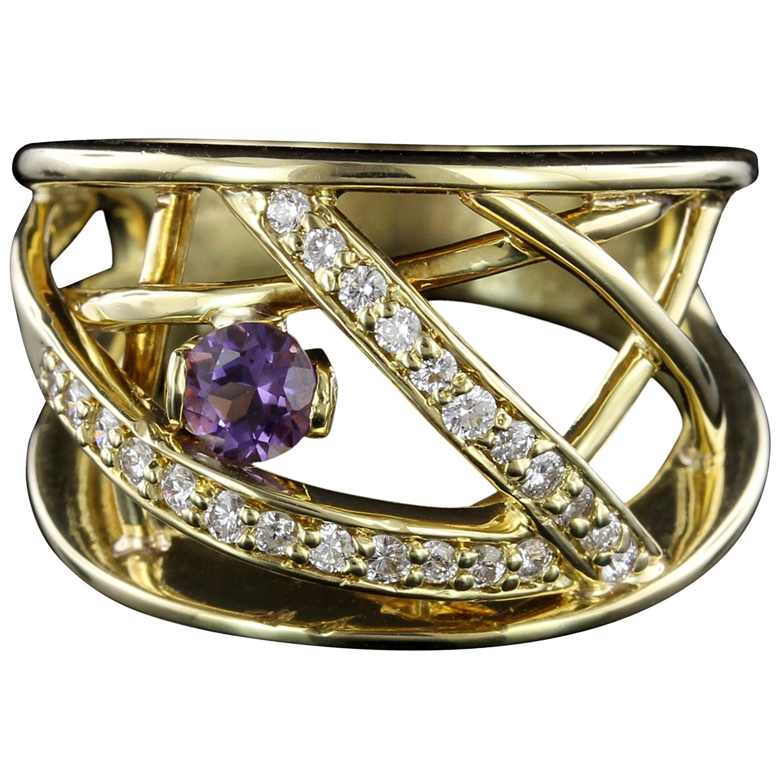 Jose Hess 18 Karat Yellow Gold Amethyst and Diamond Ring