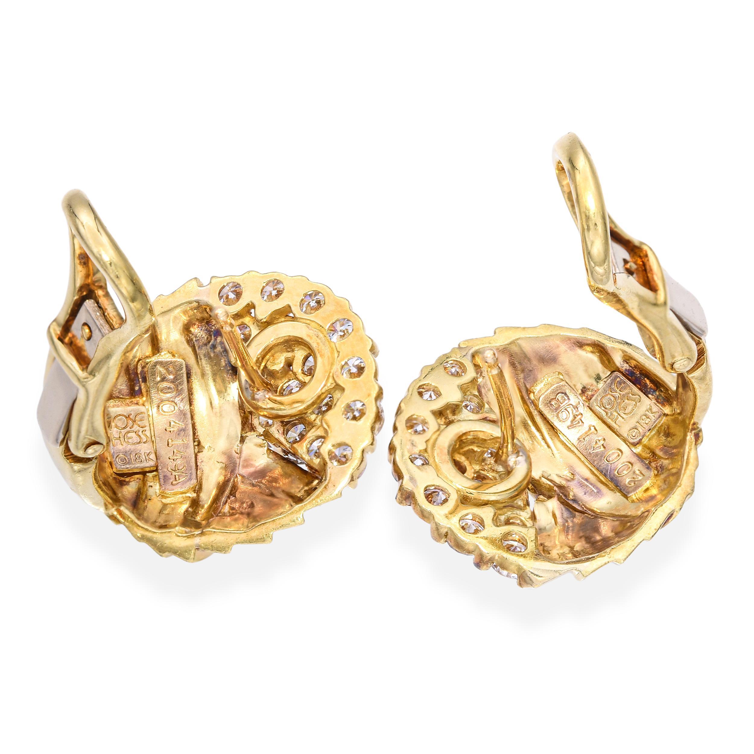Jose Hess, orecchini in oro giallo 18 carati con diamanti a grappolo da 0,96 carati e design a spirale retrò In condizioni buone in vendita a New York, NY