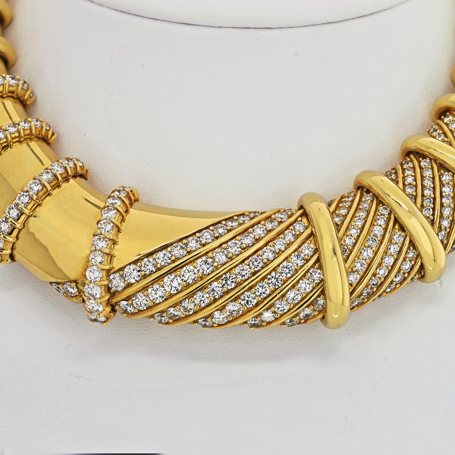 Fluted, arched link gold collar necklace, with prong-set, circular-cut diamonds set to the front, the diamonds weighing approximately 25 total carats, mounted in 18k yellow gold, signed Jose Hess. 15