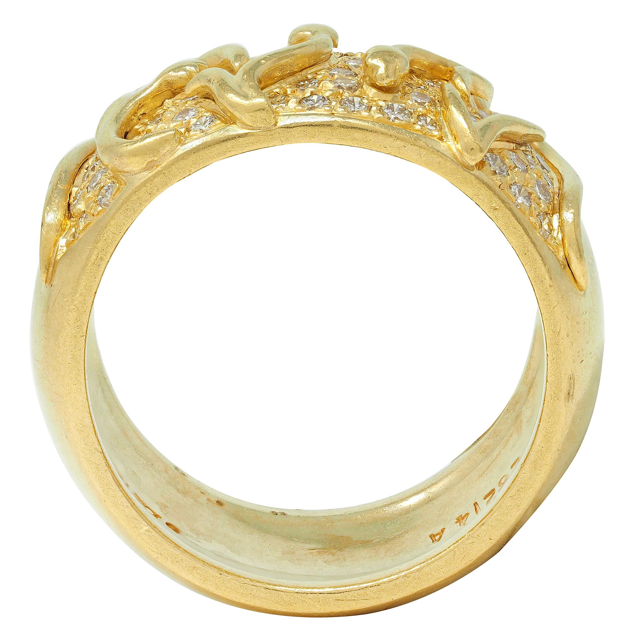 Jose Hess 1980er Jahre Diamant 18 Karat Gelbgold Floral Vintage Breiter Vintage Bandring mit Blumenmuster im Angebot 1